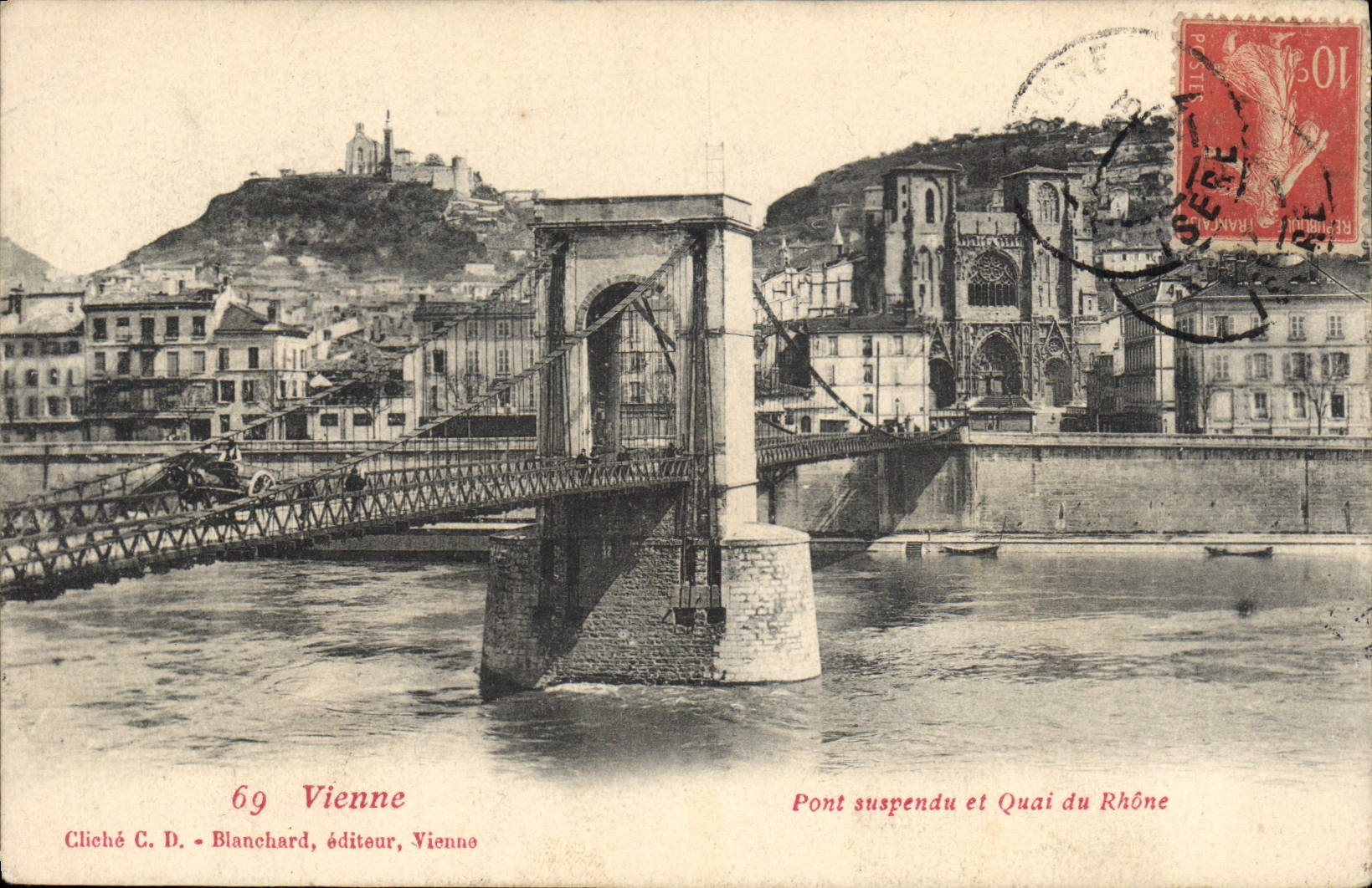 Vintage Postcard Suspended bridge and quay of the Rhone Vienna