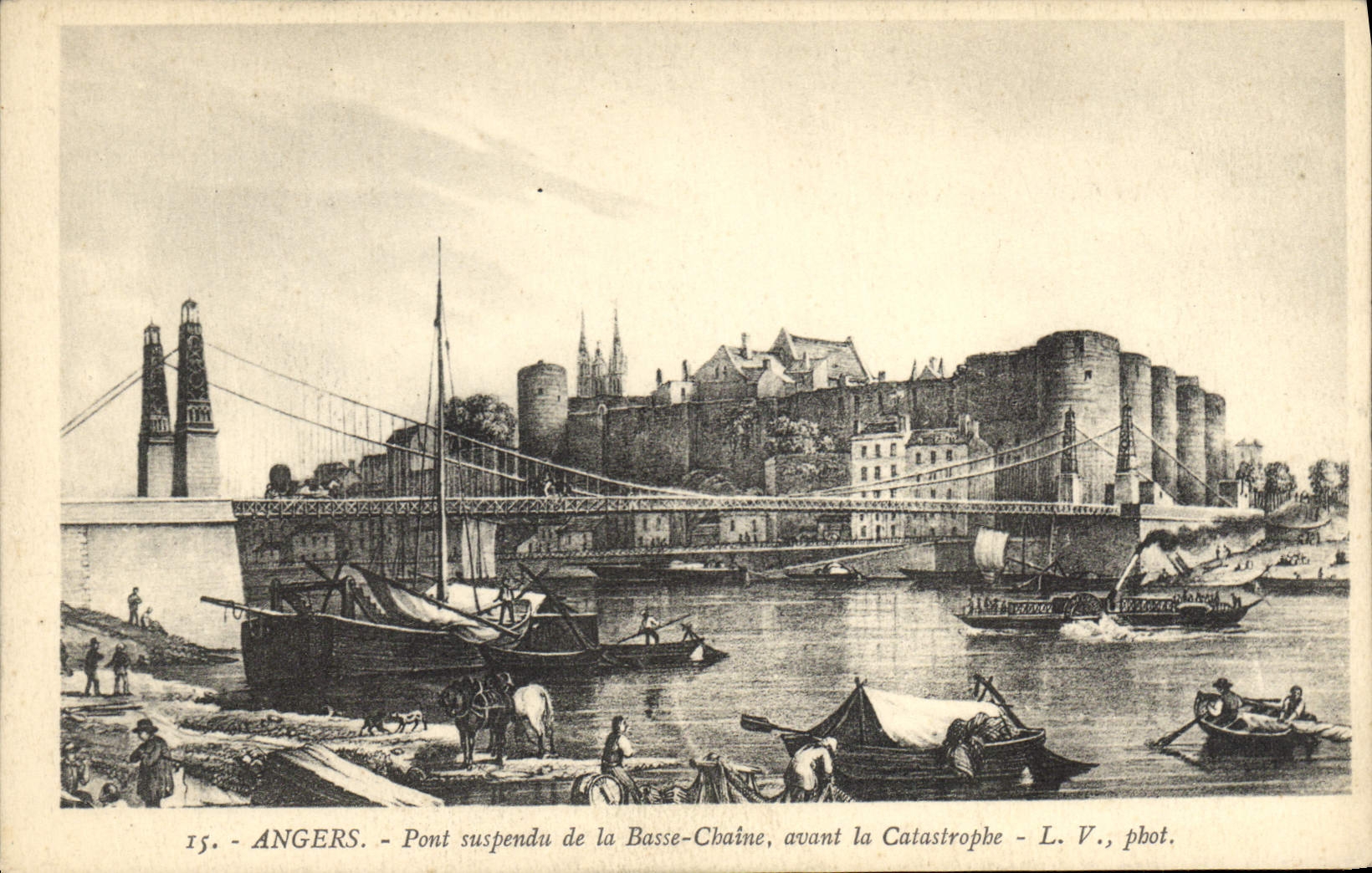 Vintage Postcard Suspended bridge of the Low Chain before the catastrophe Angers Boats