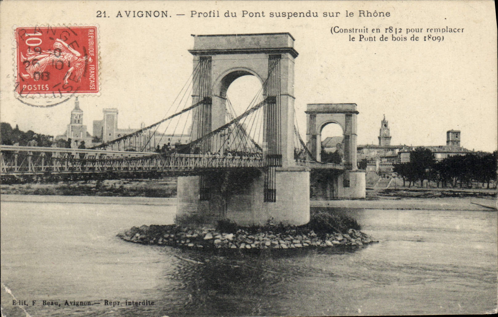 Postal Puente Aviñón Perfil del puente suspendido sobre la Ródano