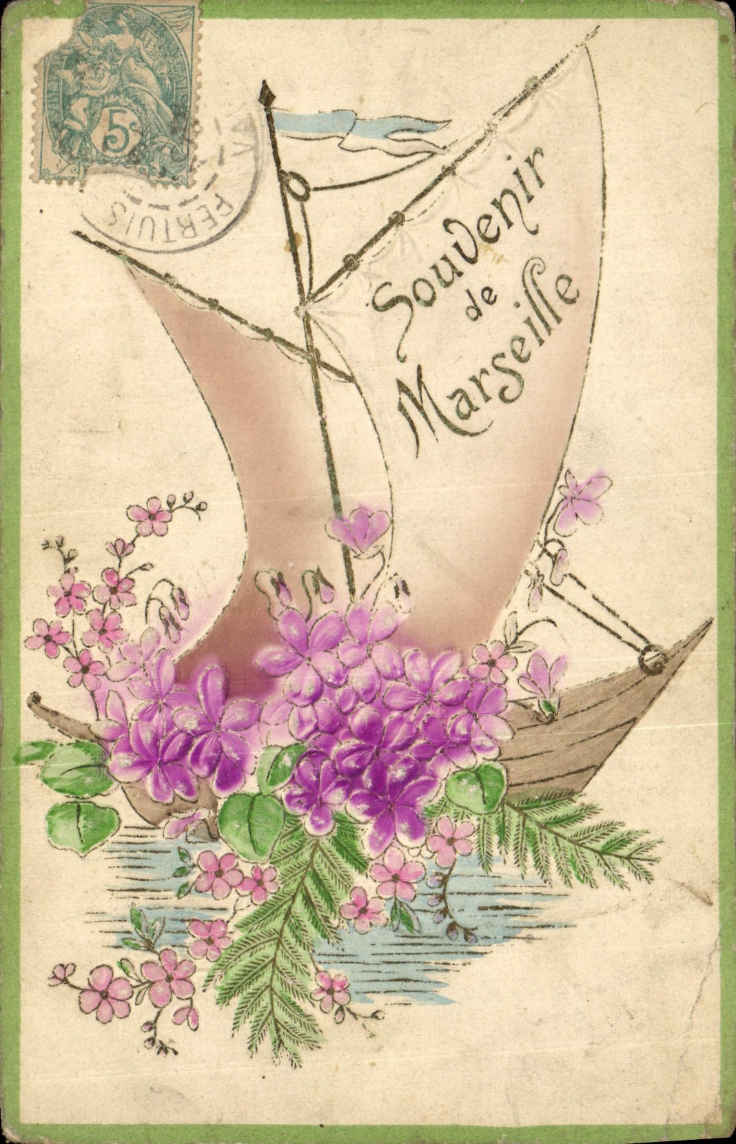 Vintage Postcard Fantasy Flowers Sailing Marseilles Boat