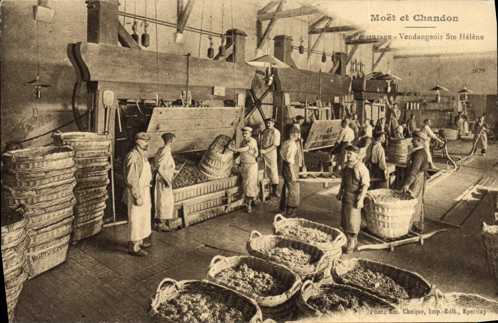 Vintage Postcard Folklore Wine Grape harvest Moet & Chandon Champagne pressing Grape basket co. Helene