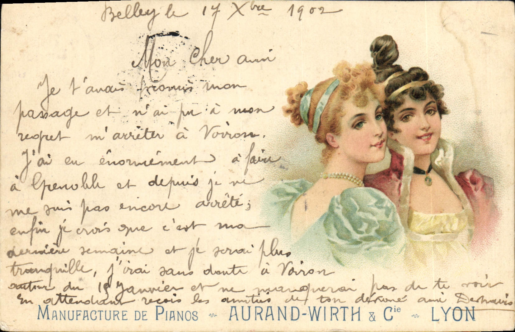 Vintage Postcard Publicite Manufactures Pianos Aurand Wirth & Co Lyon Femme
