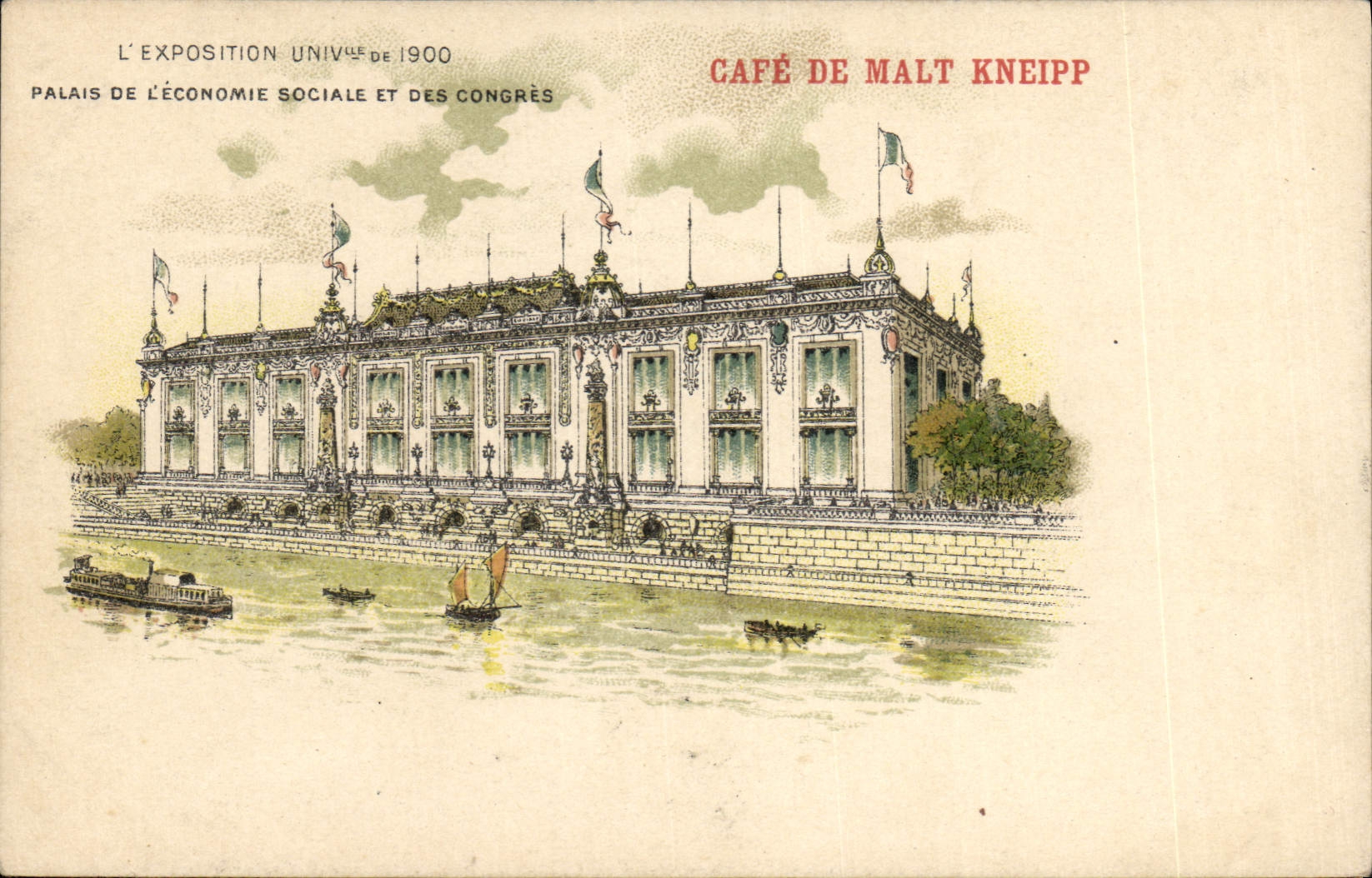 Vintage Postcard Publicity Paris World Fair of 1900 Palates of the Social economy of the Congers Coffee of Malt Kneipp