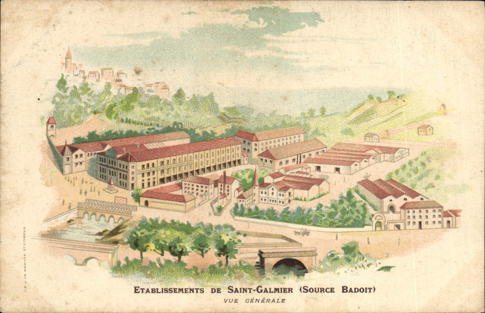 CPA Publicite Etablissements de Saint Galmier Source Badoit Vue generale