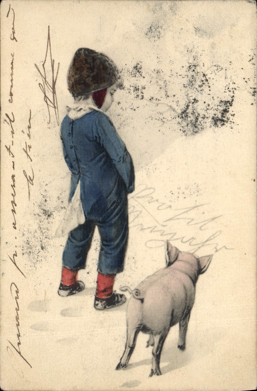 Vintage Postcard Fantasy Illustrator Child Pig Pig