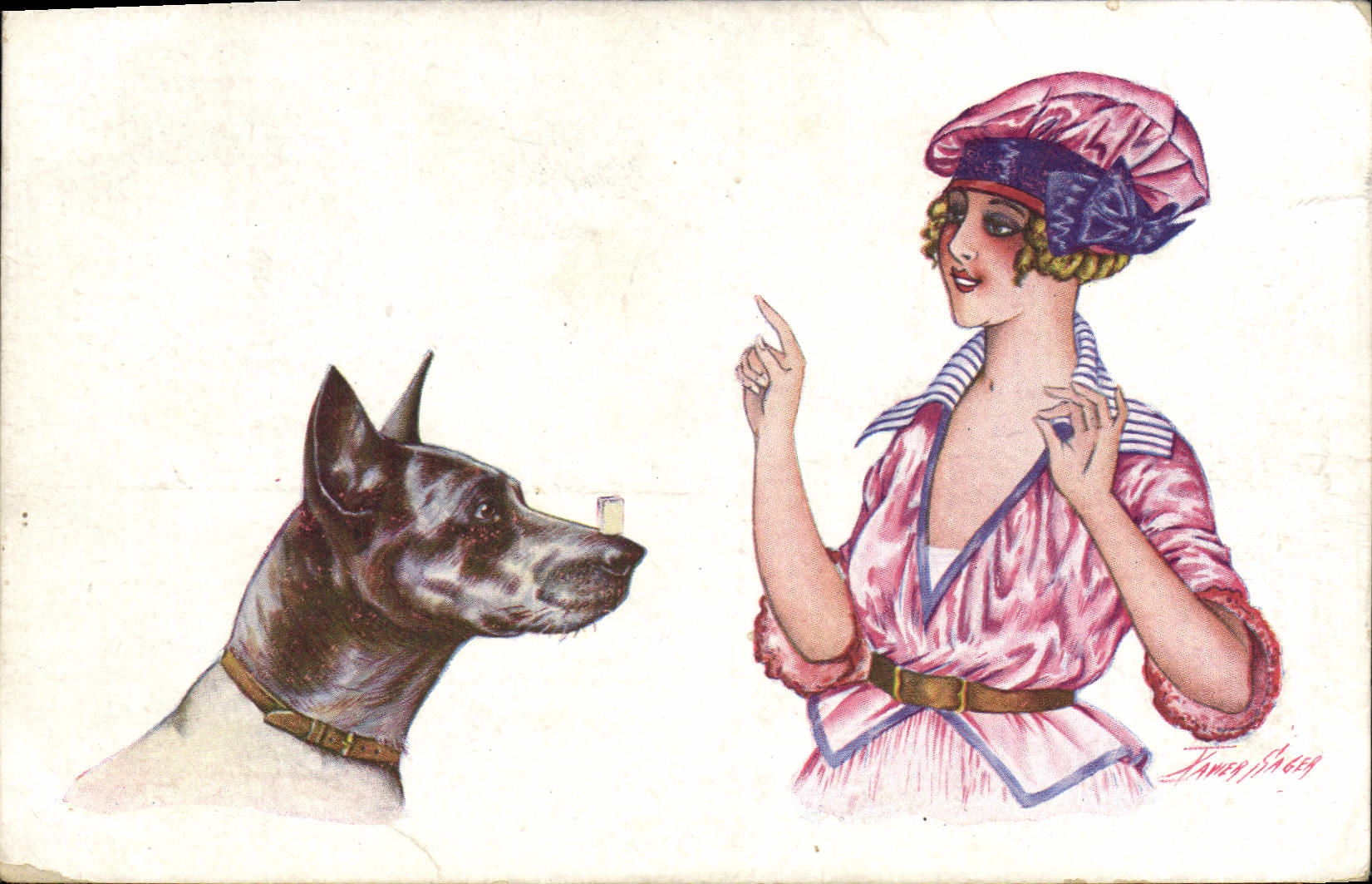 Vintage Postcard Fantasy Illustrator Sager Woman Dog