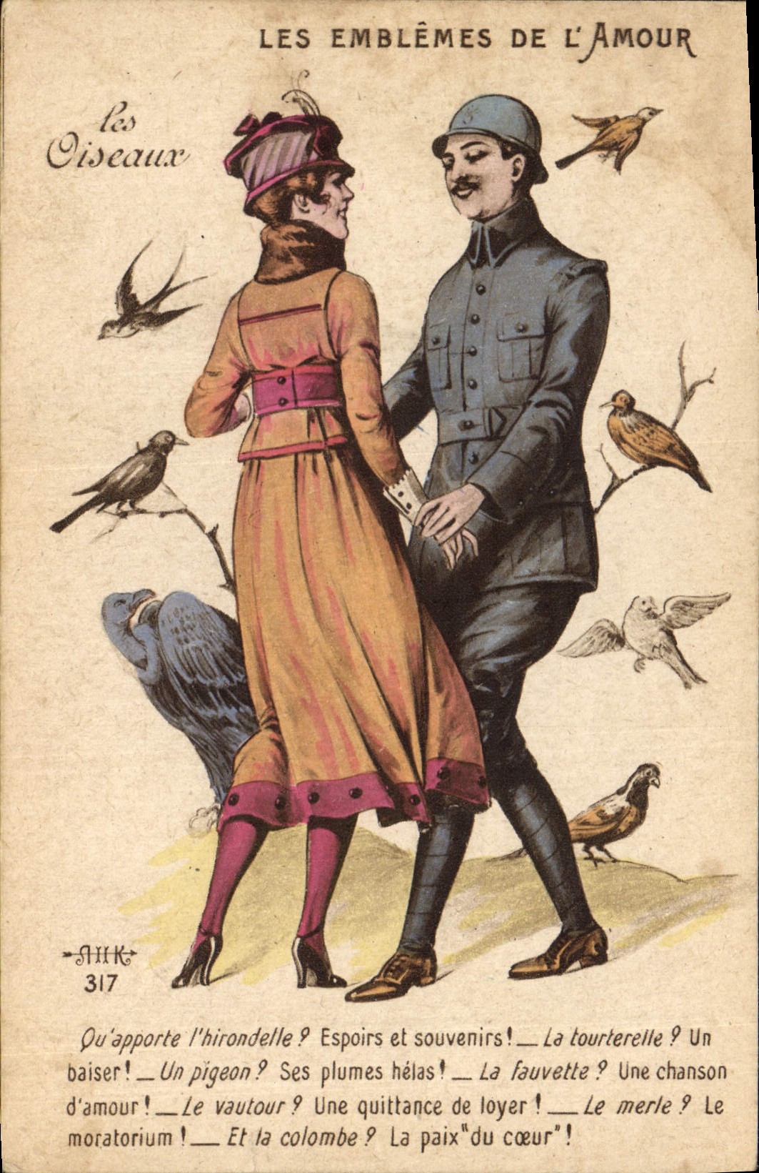 Vintage Postcard Fantasy Illustrator Woman emblems of the love Militaria Birds