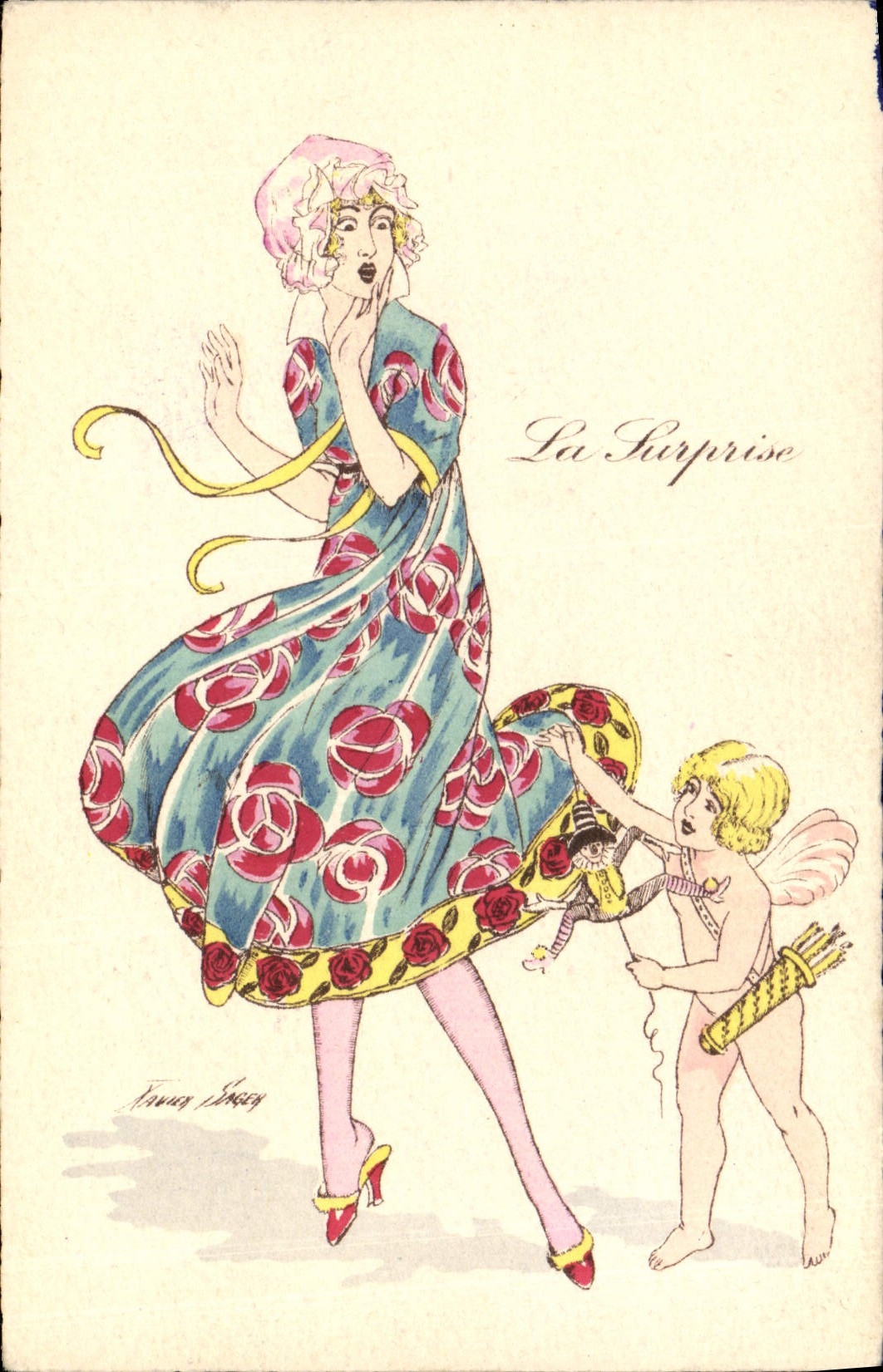 Vintage Postcard Fantasy Illustrator Sager Woman Angels the surprise