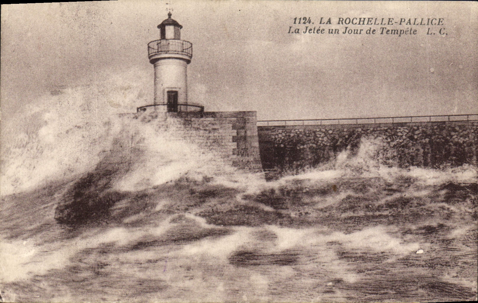 Vintage Postcard Headlight La Rochelle Pallice the pier one day of storm