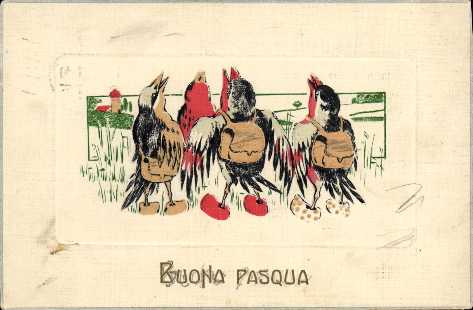 Vintage Postcard Fantaisie Birds Bag has back (in relief)