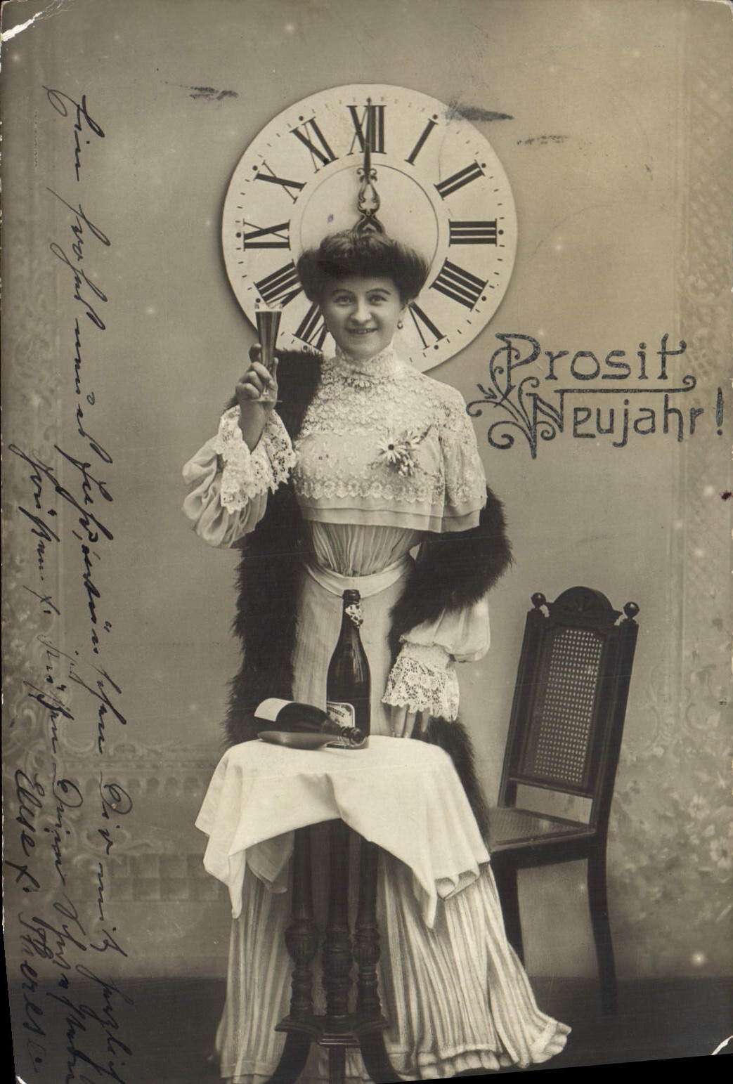 Vintage Postcard Fantasy Woman Clock Champagne