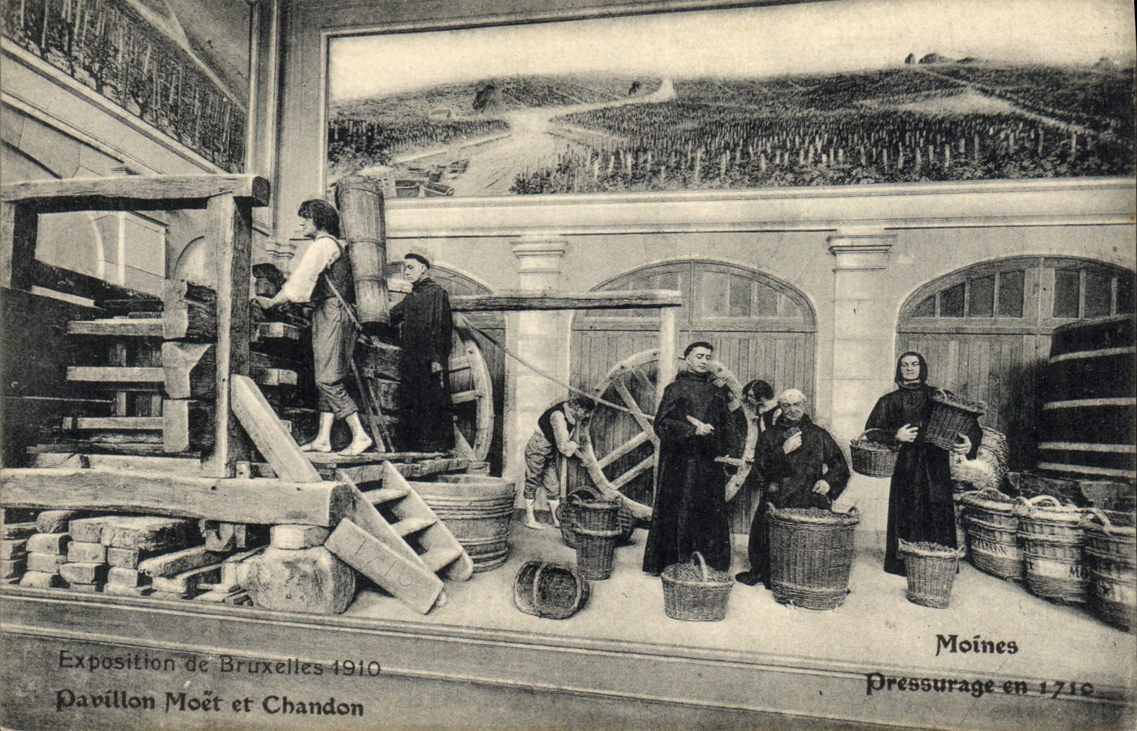 Vintage Postcard Folklore Wine Vintage Champagne Exposure of Brussels 1910 House Moet and Chandon Monks Pressing in 1710