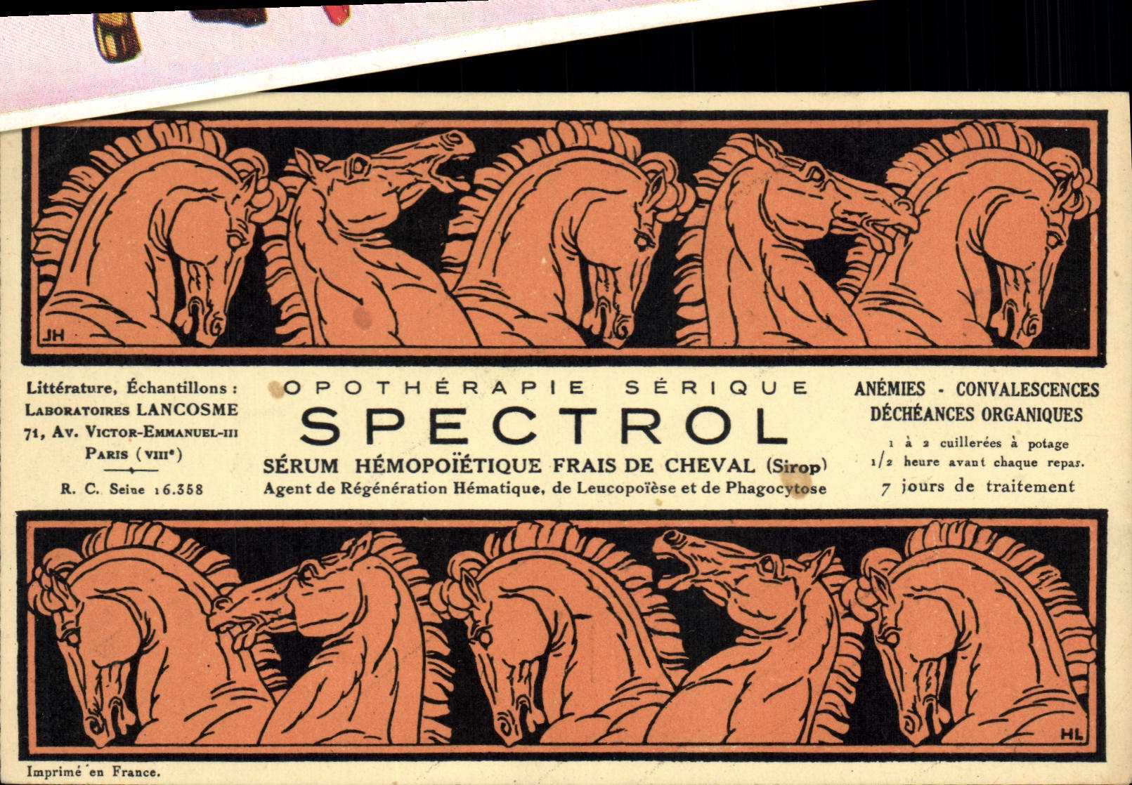 Postal Publicidad Opoterapia Seroso Spectrol Suero hemopoietique fresco de caballo Laboratorios 8.o Lancosme Avenida Victor Manuel III París