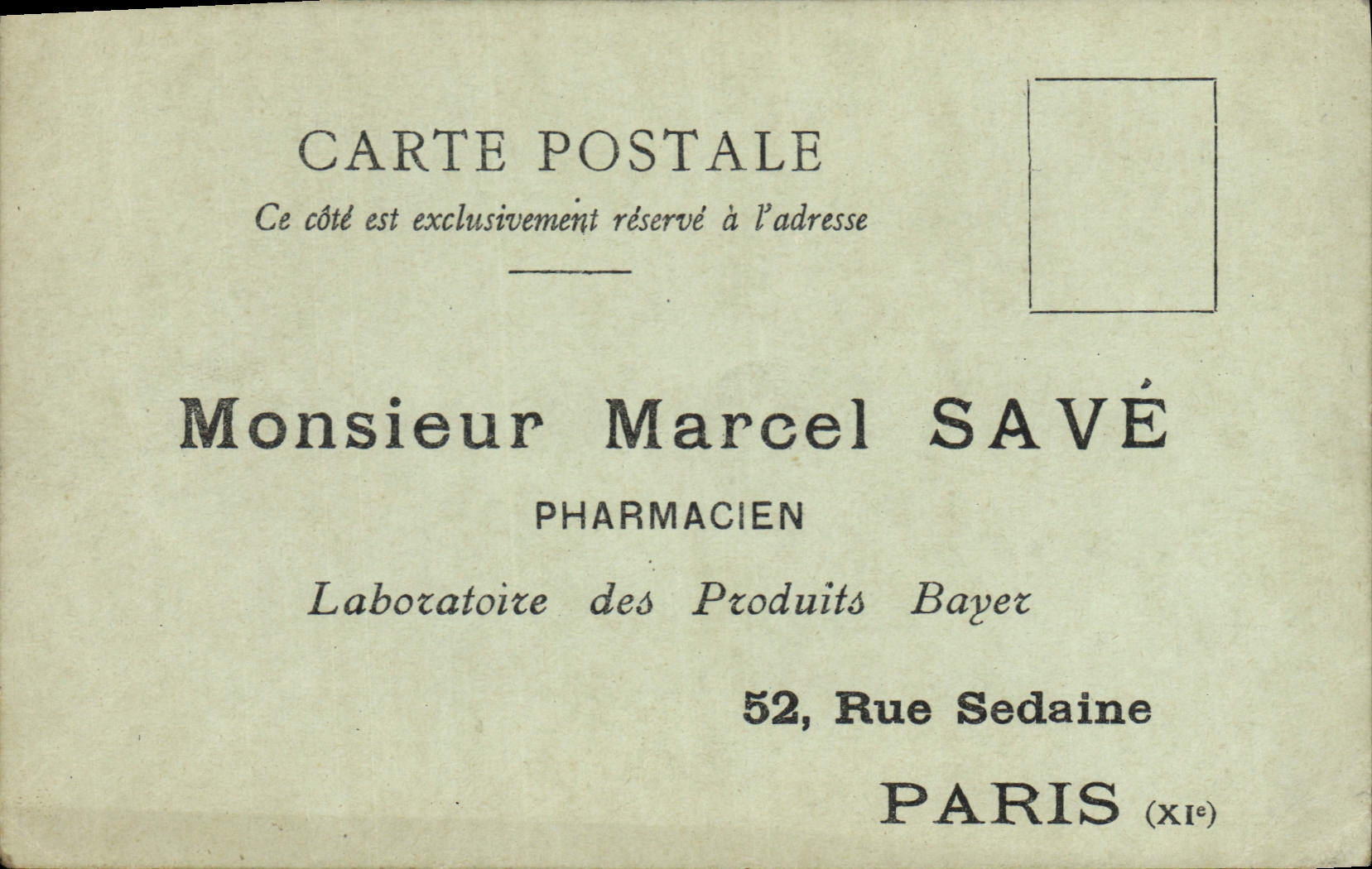 CPA Publicite Marcel Save Pharmacien Laboratoire Produits Bayer Rue Sedaine Paris 11eme