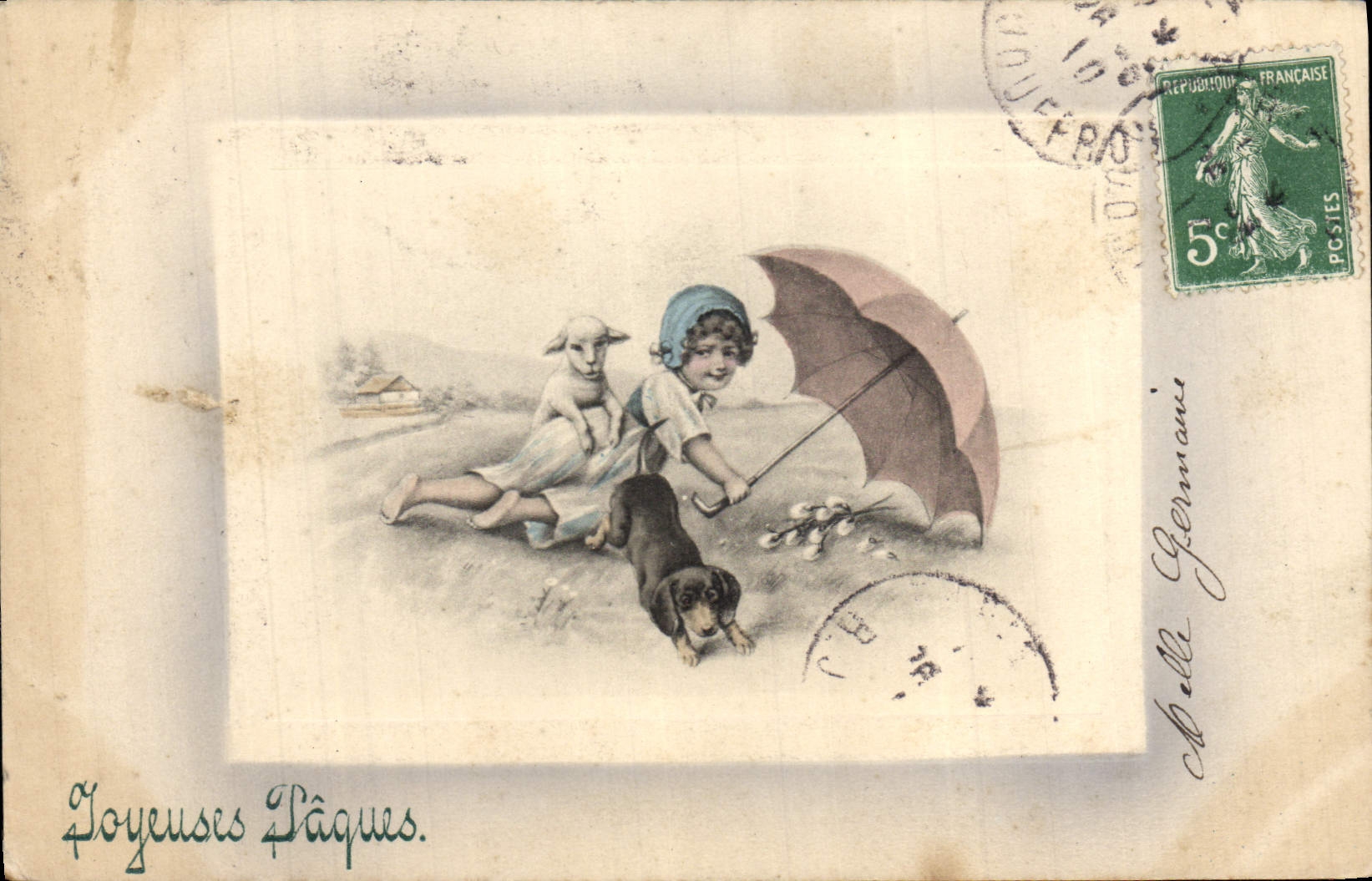 Vintage Postcard Fantasy Illustrator Child Dog Easter Lamb