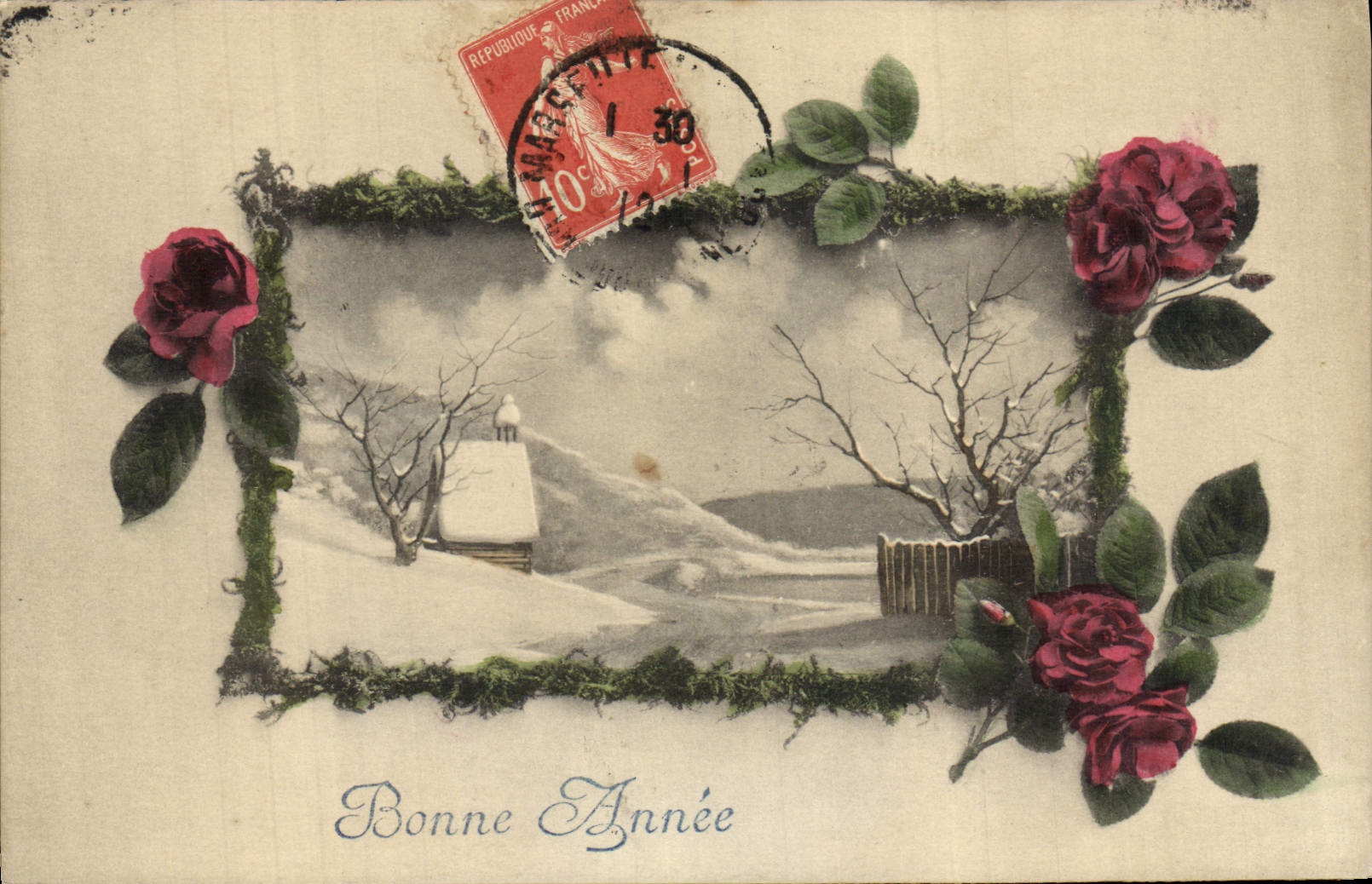 Vintage Postcard Fantasy Illustrator Happy new year Flowers