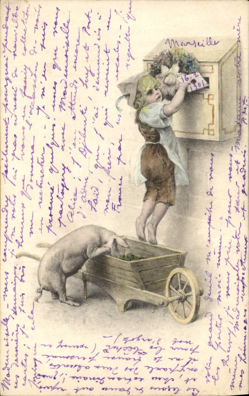 Vintage Postcard Fantasy Illustrator Child Pig Pig Letter-box