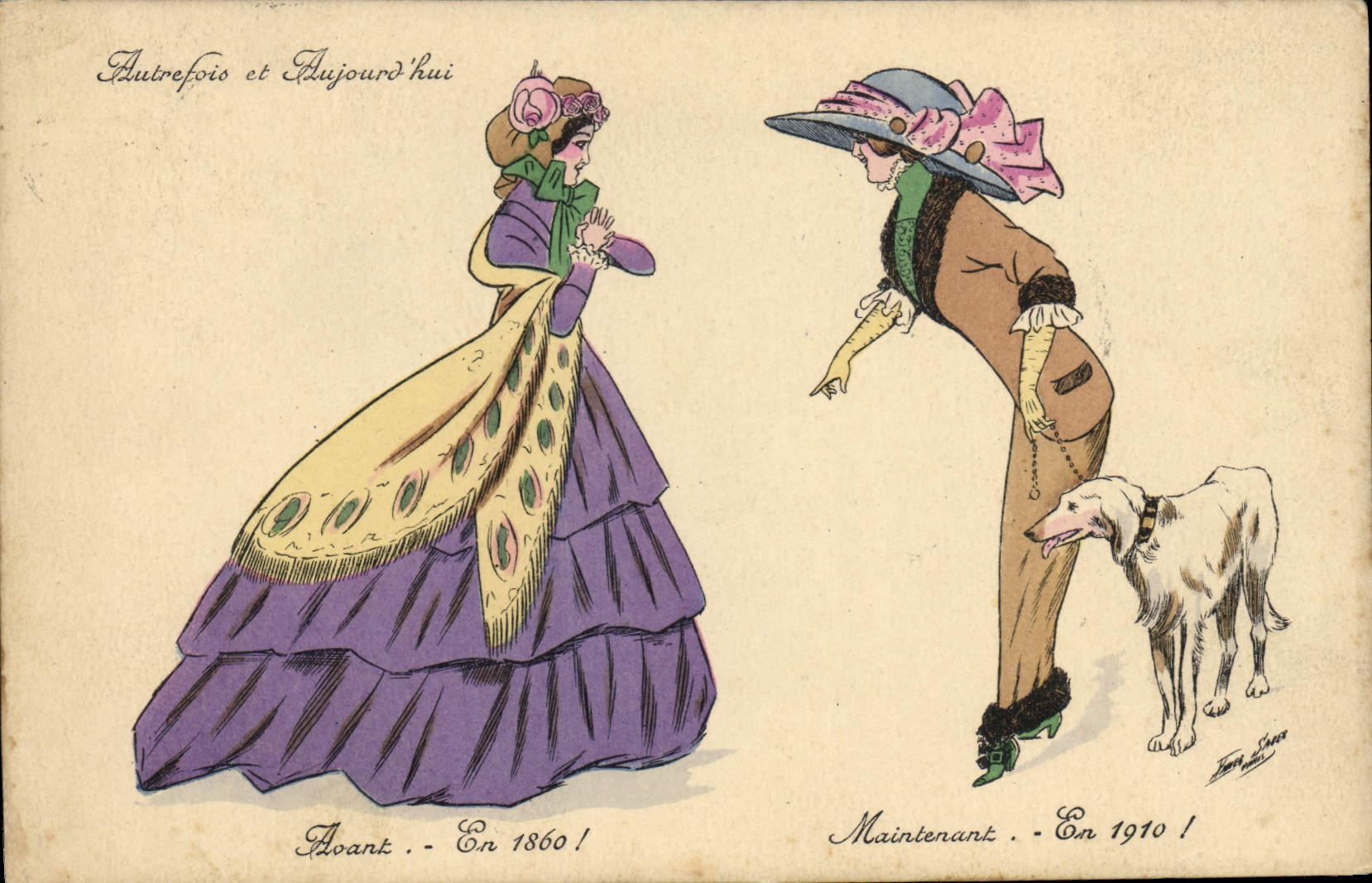 Postal Fantasia Ilustrador Xavier Sager Femmes Antes y hoy En 1860 En 1910 Perro Método