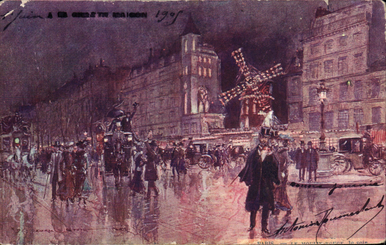 Vintage Postcard Fantasy Illustrator Stein Paris the Moulin-Rouge the evening