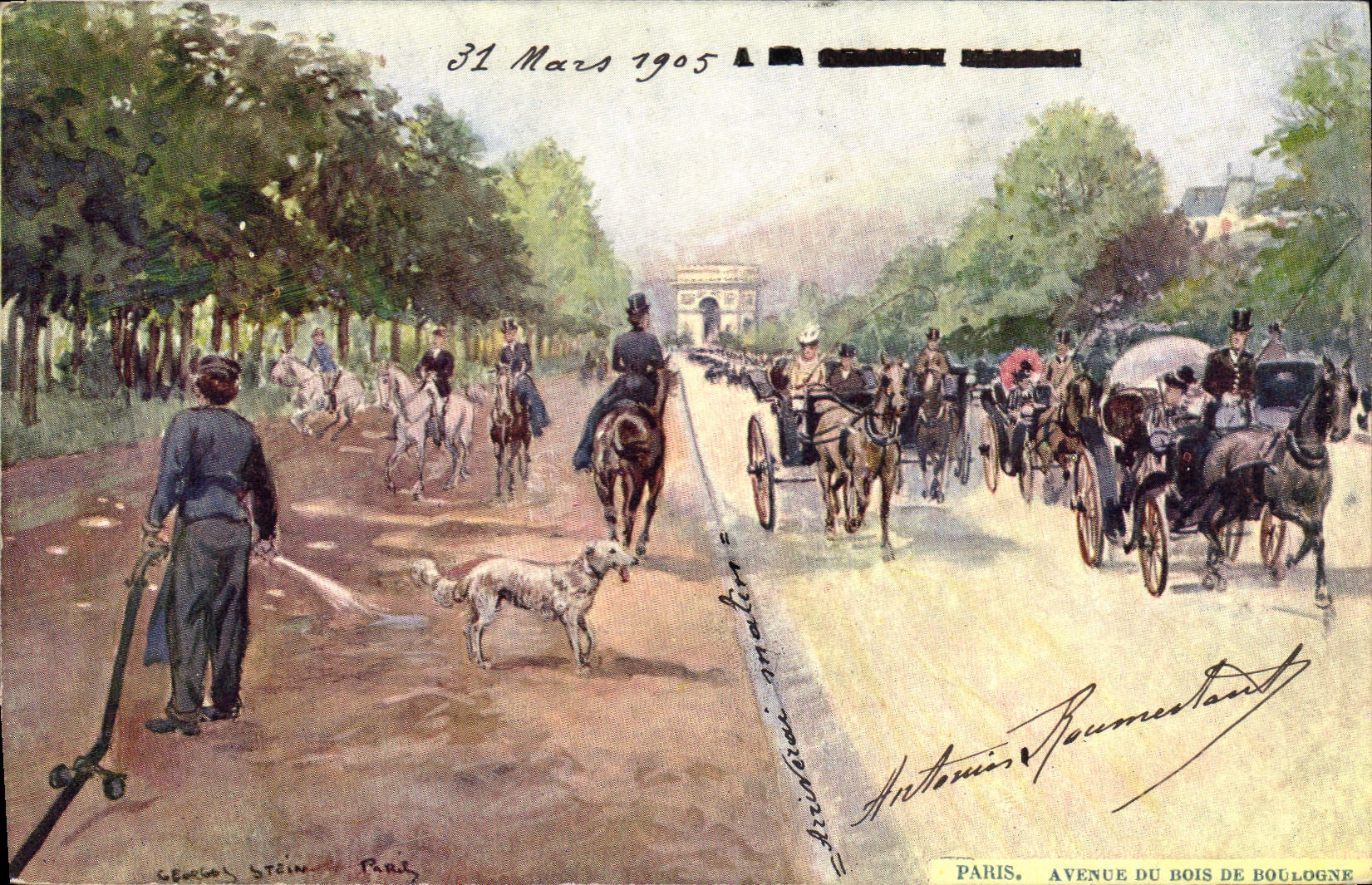 Vintage Postcard Fantasy Illustrator Stein Paris Avenue of the Bois de Boulogne Dog