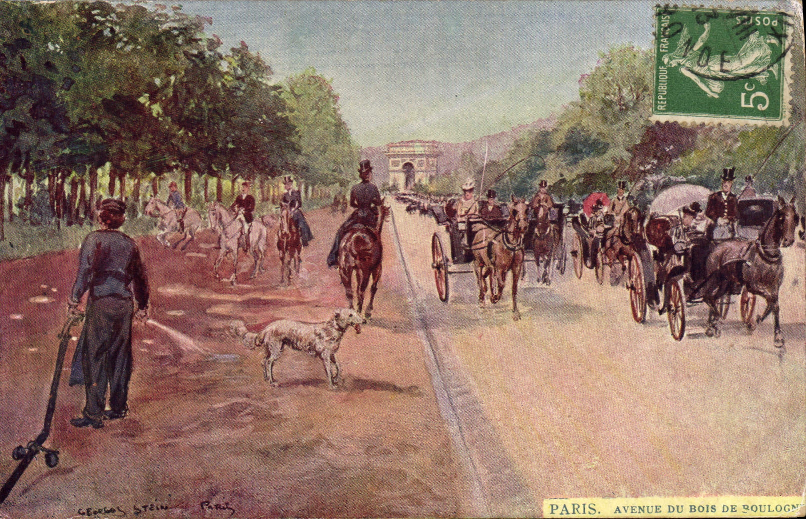 Vintage Postcard Fantasy Illustrator Stein Paris Avenue of the Bois de Boulogne