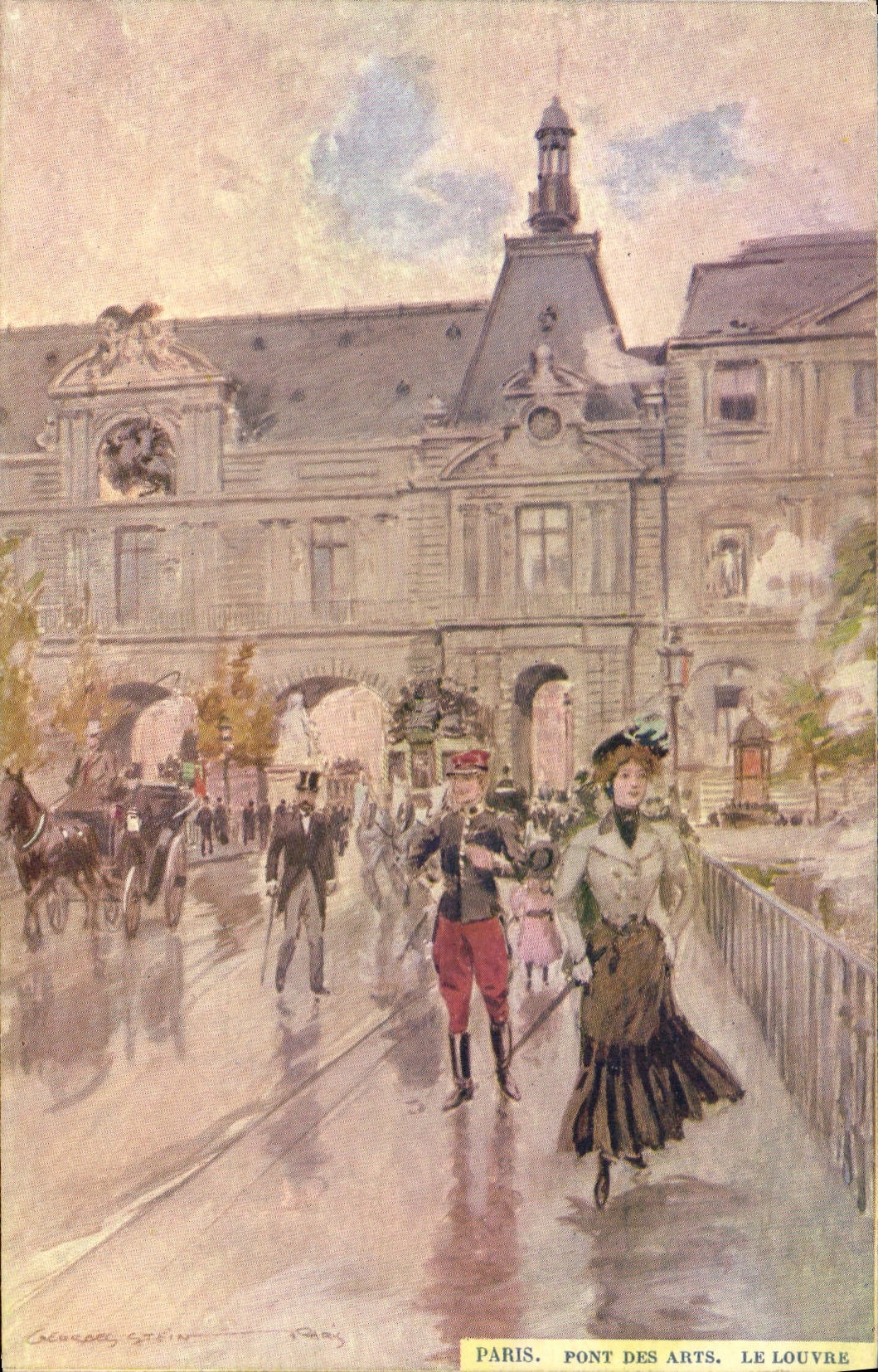 Vintage Postcard Fantasy Illustrator Stein Paris Bridge of Arts Louvre