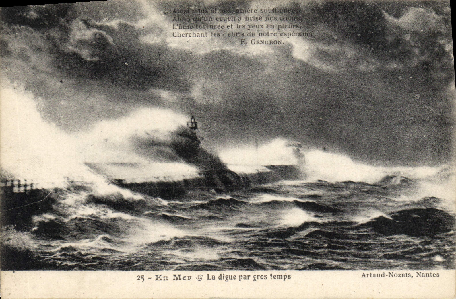 Vintage Postcard Headlight At sea the dam by heavy weather
