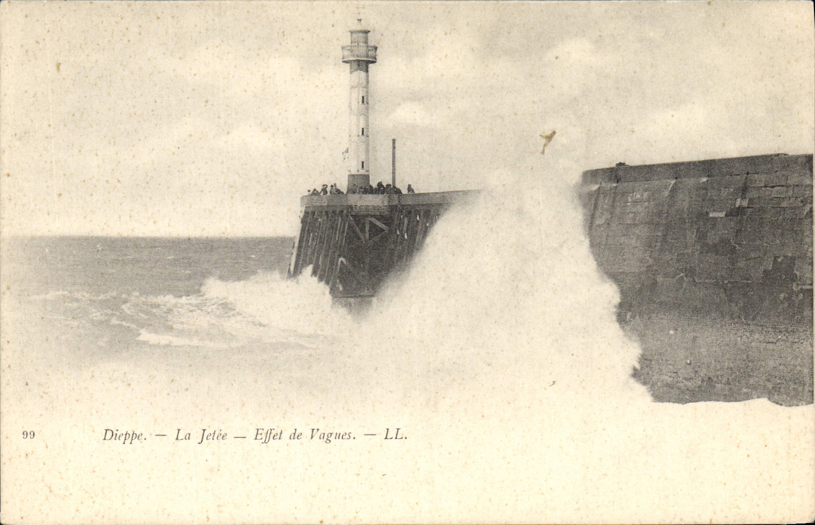 Vintage Postcard Dieppe Headlight the pier Effect of waves