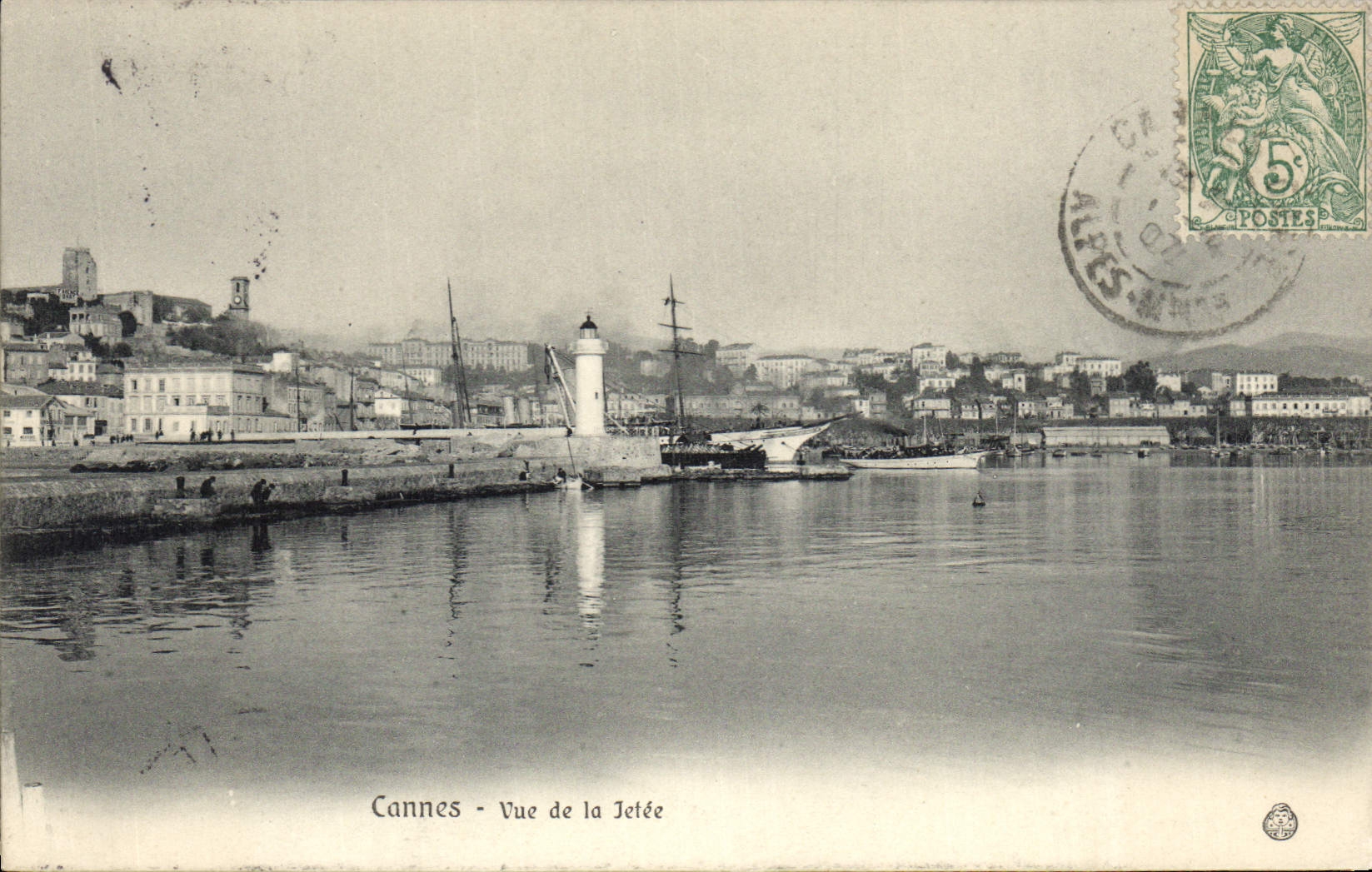 Vintage Postcard Cannes Headlight Seen of the pier Boat