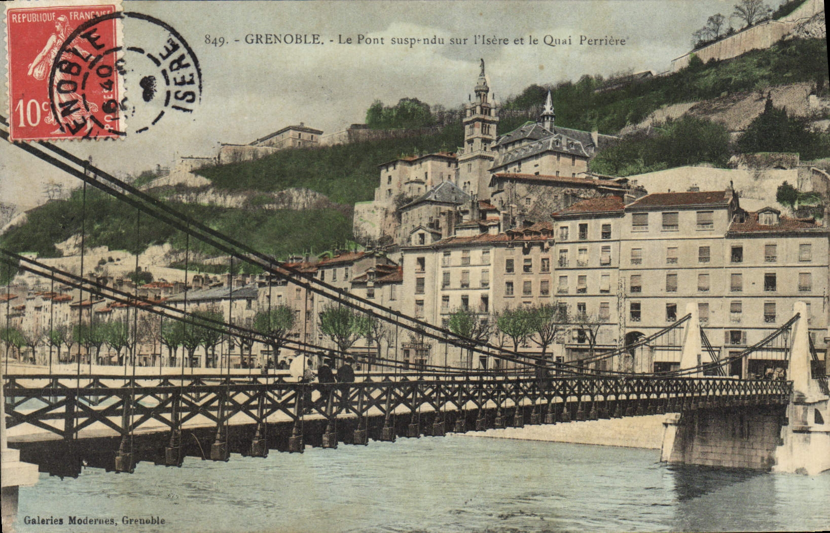 Vintage Postcard Suspended bridge on Isere and the Quay Grenoble Stone quarry