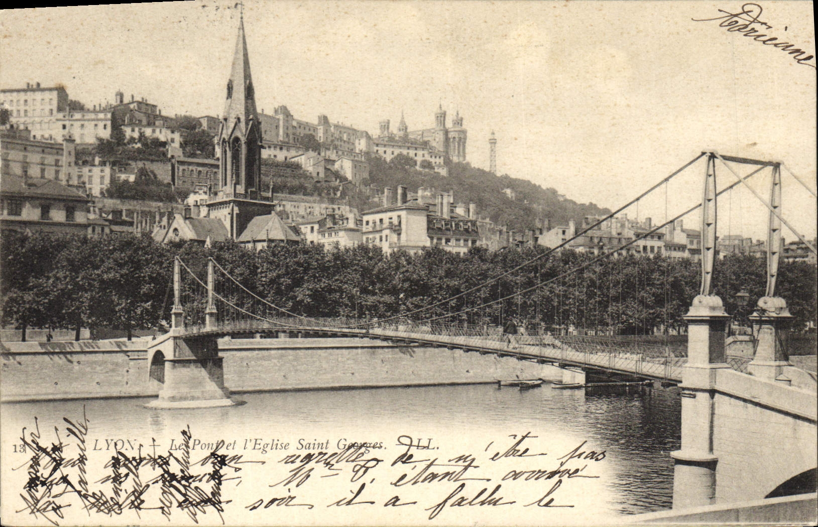 Vintage Postcard Lyon Bridge the bridge and the church Saint Georges