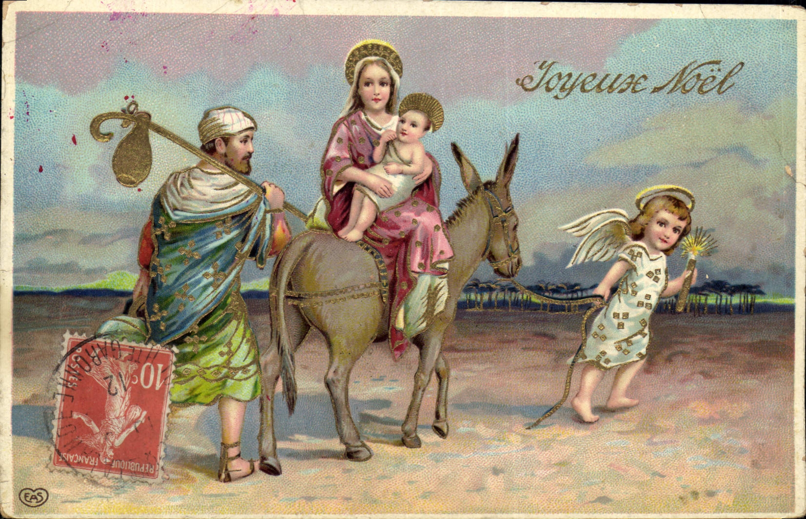 CPA Fantaisie Fleurs Noel Ange Ane Mule 