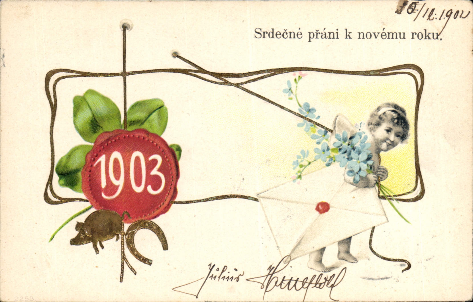Vintage Postcard Fantaisie Flowers Child Year 1903 Clover Pig Pig Horseshoe