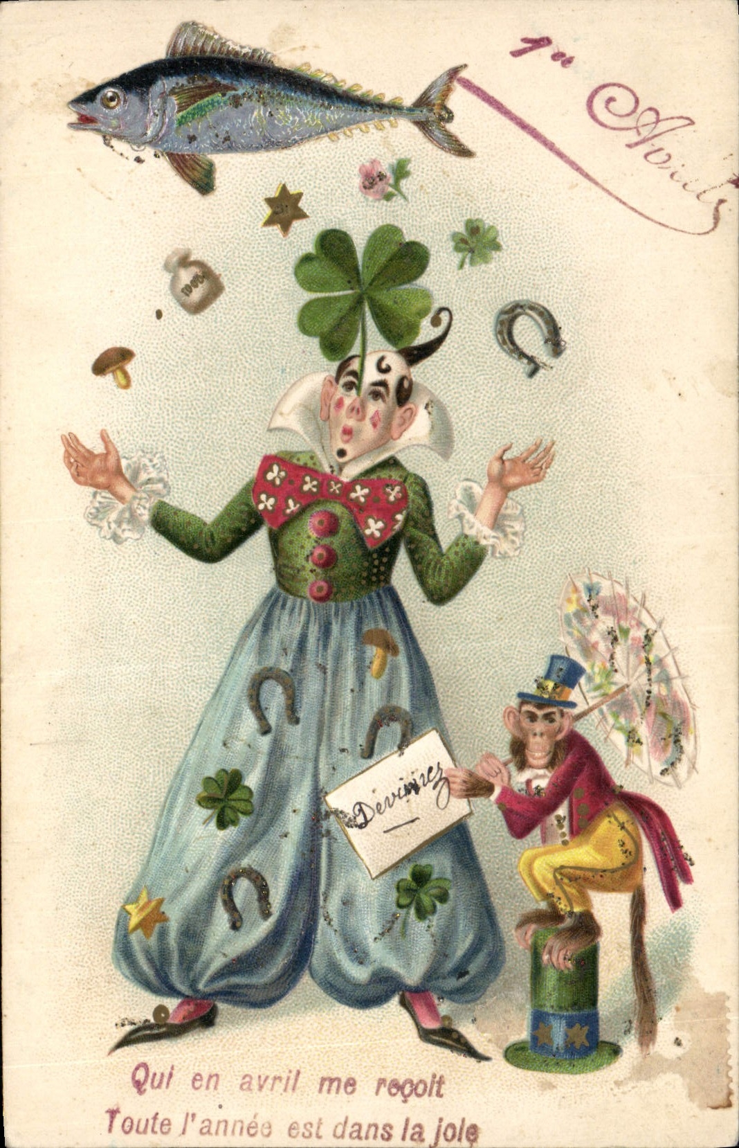 Vintage Postcard Fantaisie Flowers Man Poisson Singe Clover Horseshoe April 1st
