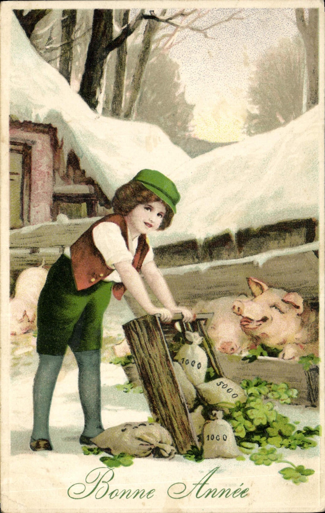 Vintage Postcard Fantasy Child Clover Pig Pig