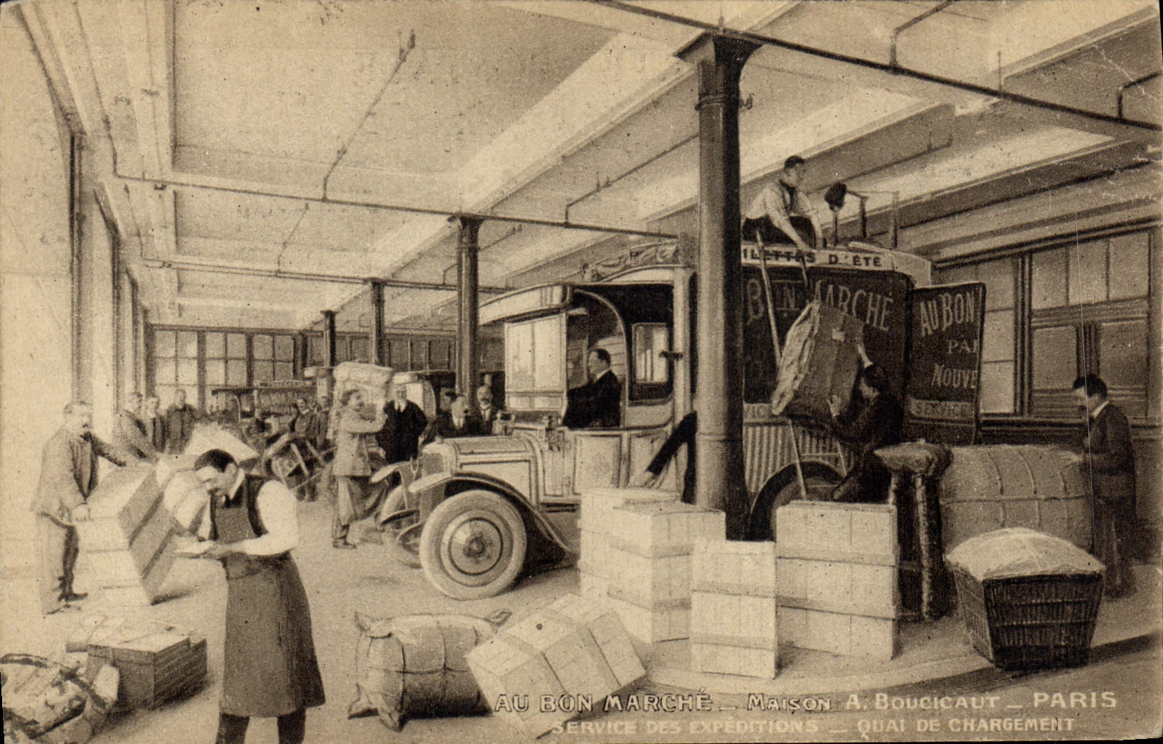 Vintage Postcard Publicity At the Cheap House Boucicaut Paris Dispatch service Automobile Quay of loading