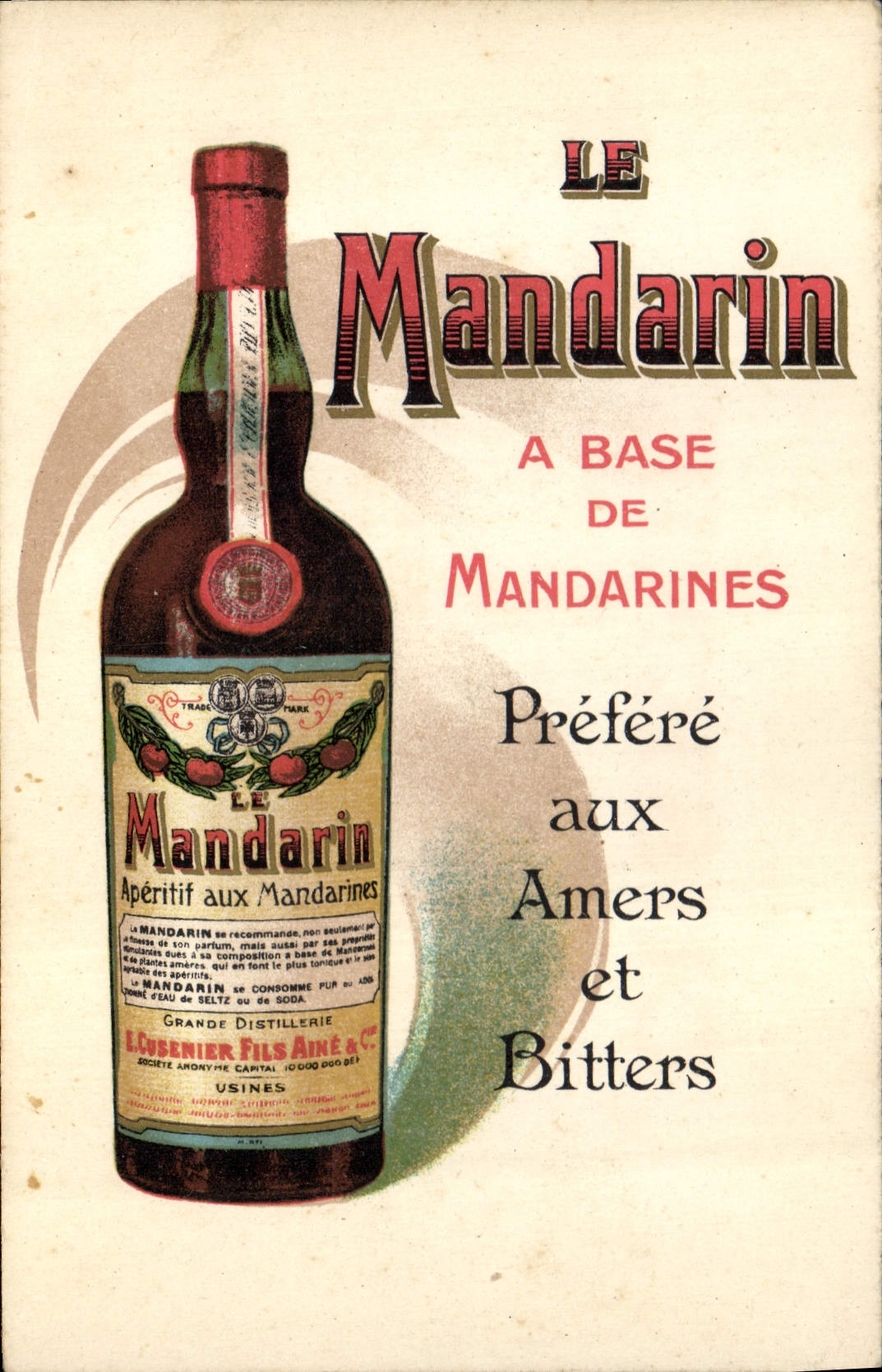 Vintage Postcard Publicity Mandarin Containing tangerines Aperitif Alcohol Cusenier Son Prado Marseilles Paris Charenton Ornans Mulhouse Brussels Buens Surfaces Argentinian Argentina