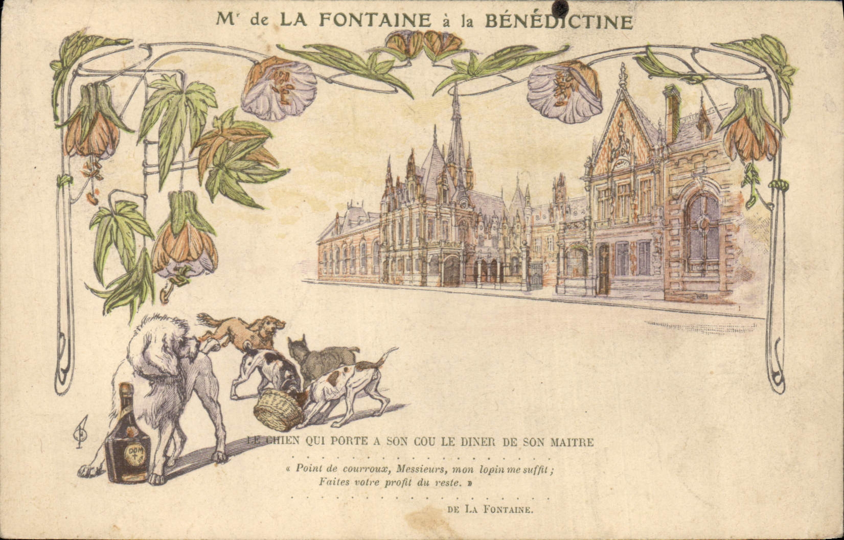 Vintage Postcard Publicite Mr. of the Fountain has Benedictine Chien Dogs