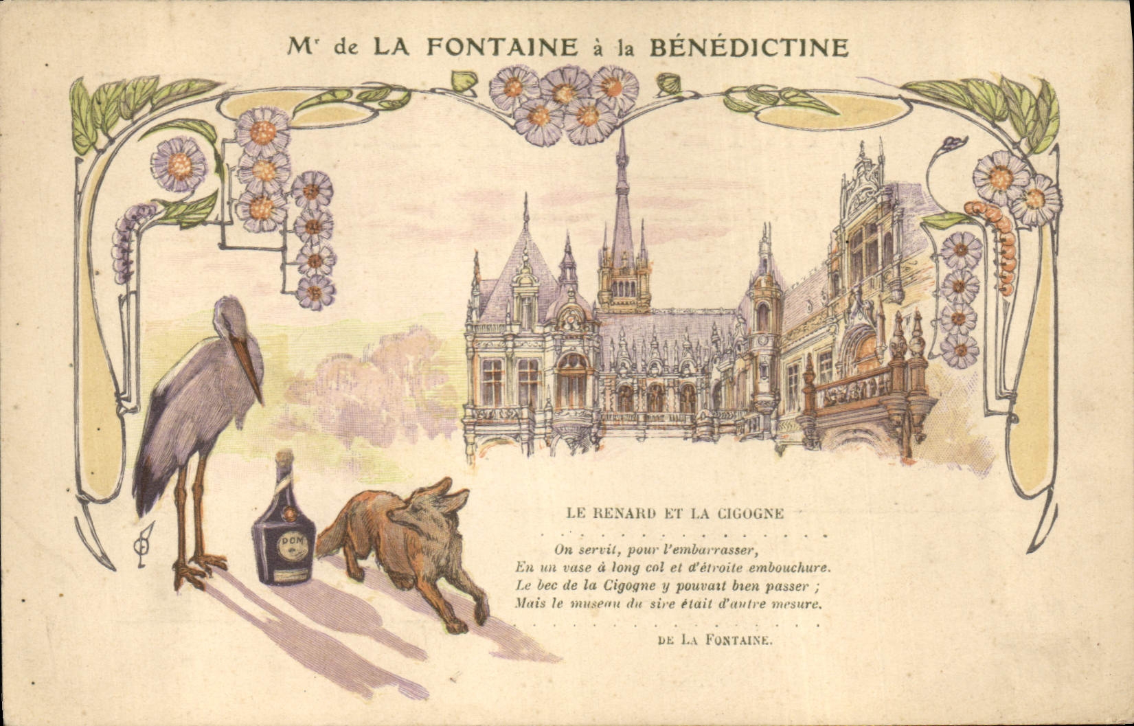 Vintage Postcard Publicite Mr. of the Fountain has Benedictine the stork and the fox