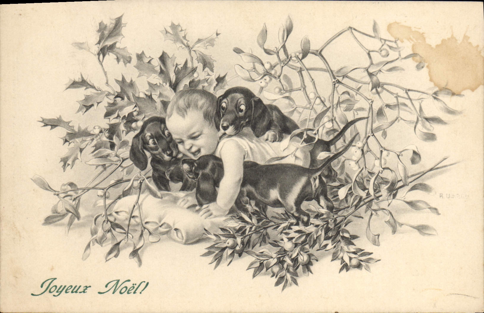 Vintage Postcard Fantasy Illustrator Child Dog Dogs Christmas