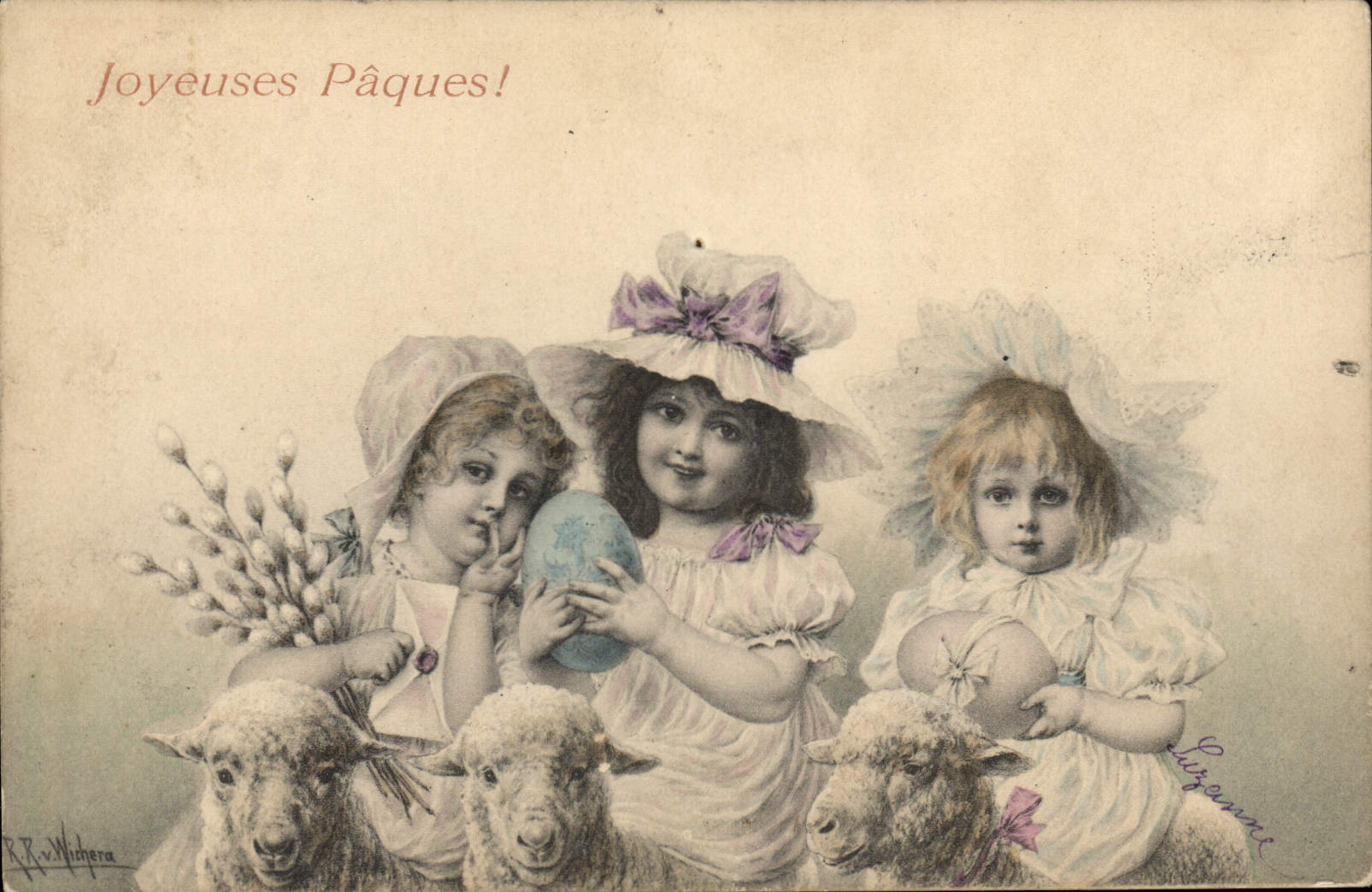 Vintage Postcard Fantasy Illustrator Children Easter Sheep