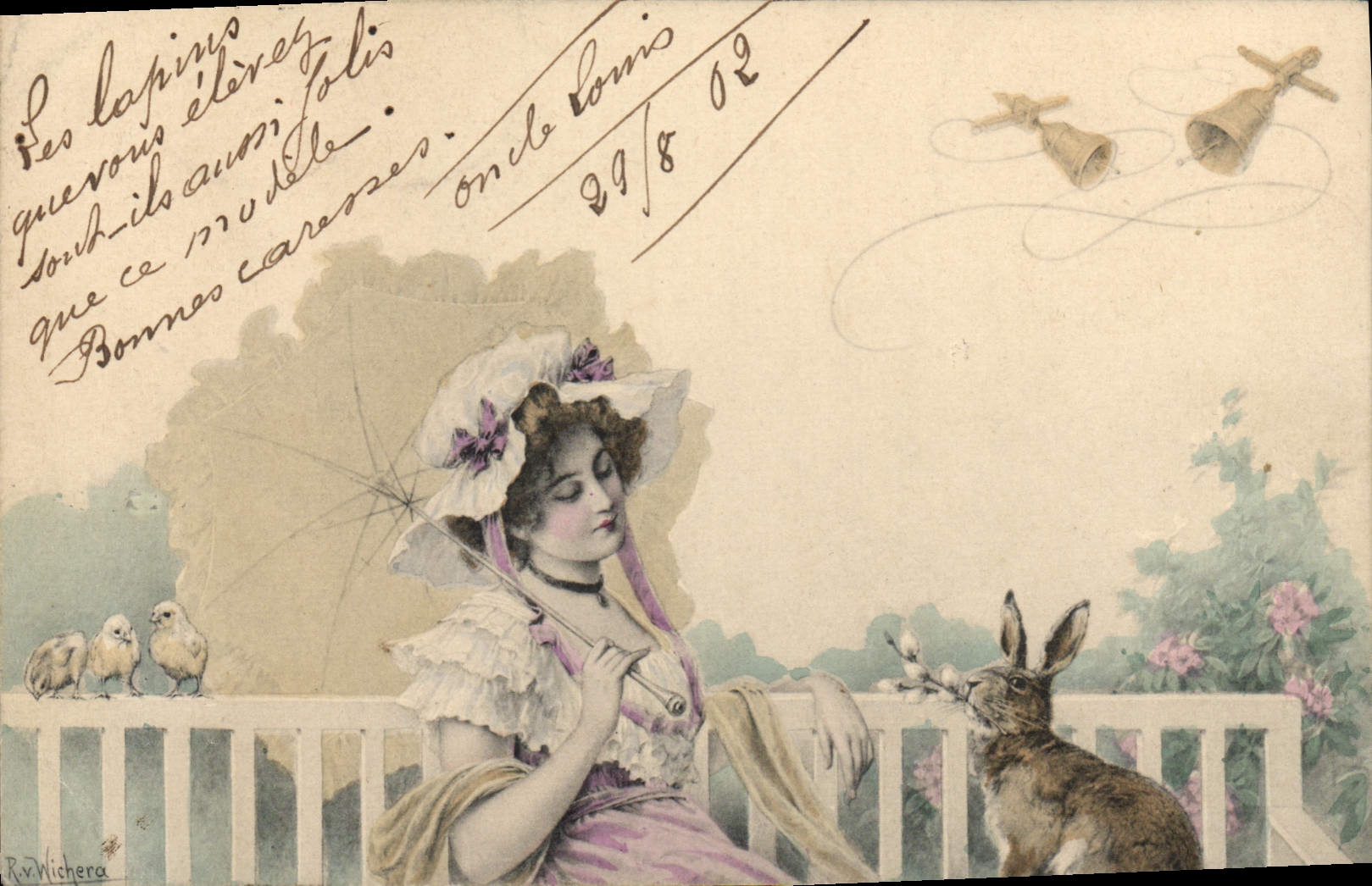 Vintage Postcard Fantasy Illustrator Woman Rabbit Bells