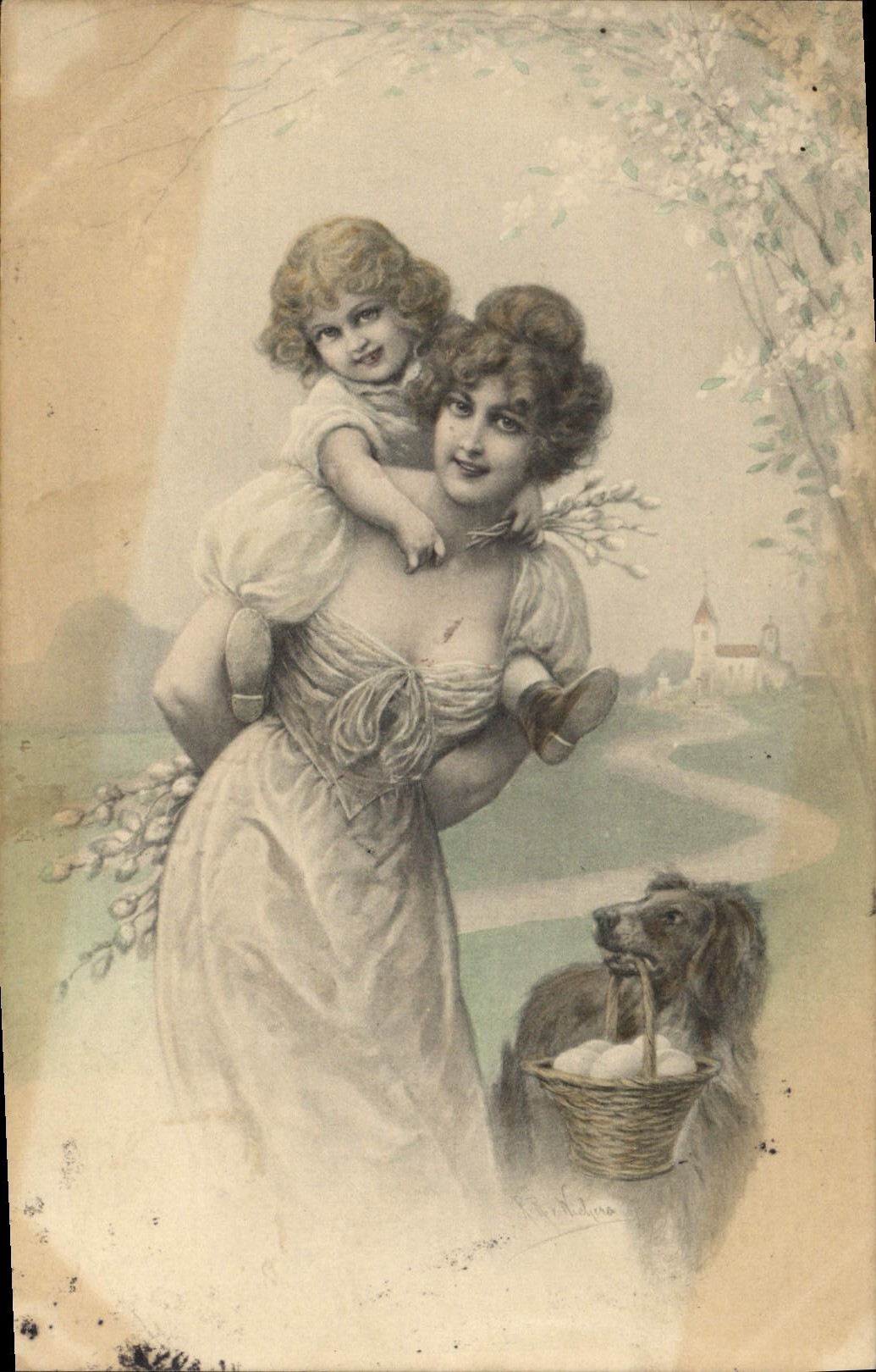 Vintage Postcard Fantasy Illustrator Child wife dog