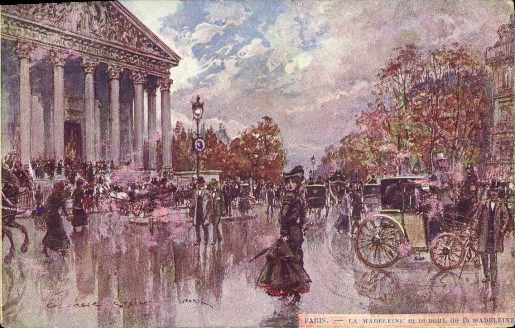 Vintage Postcard Fantasy Illustrator Stein Paris the Madeleine and the boulevard of the Madeleine