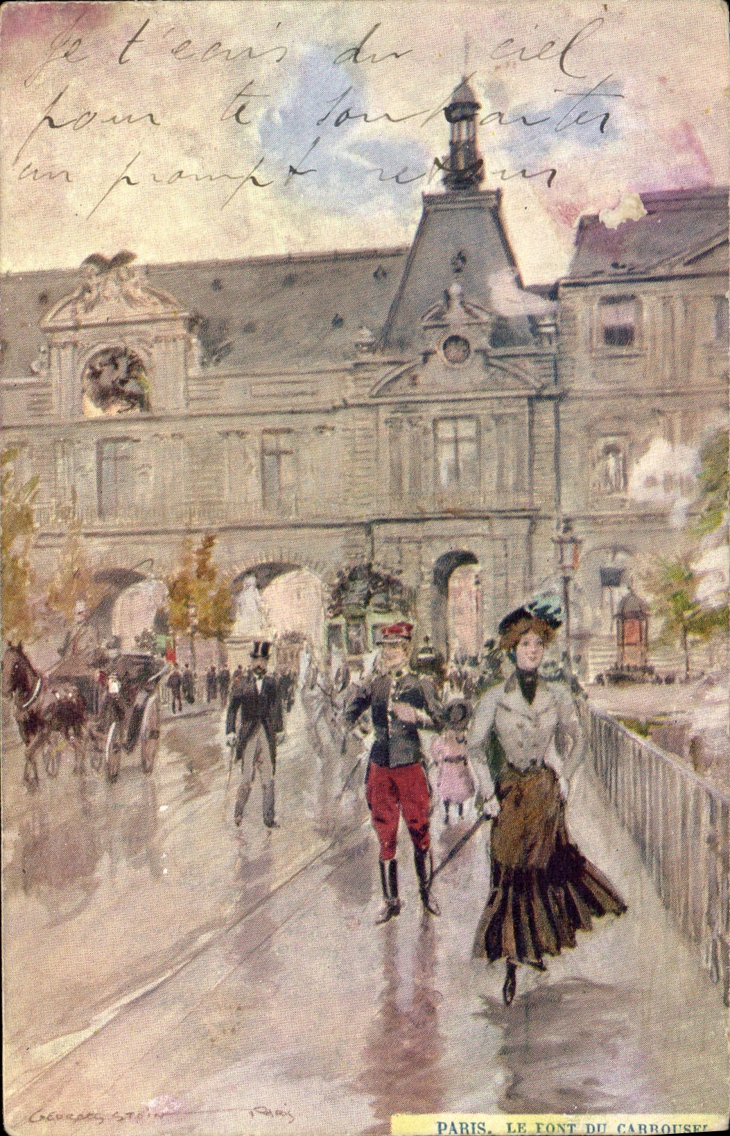 Vintage Postcard Fantasy Illustrator Stein Paris the bridge of the Militaria Carousel
