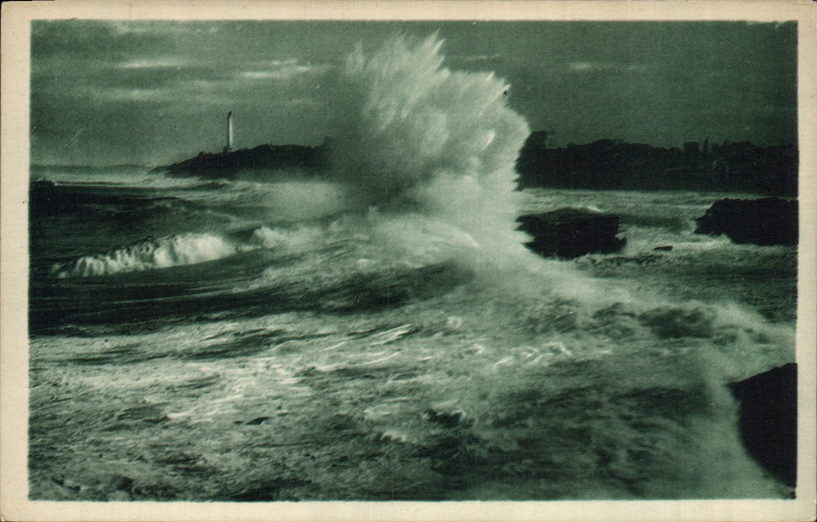 Vintage Postcard Headlight Biarritz heavy sea