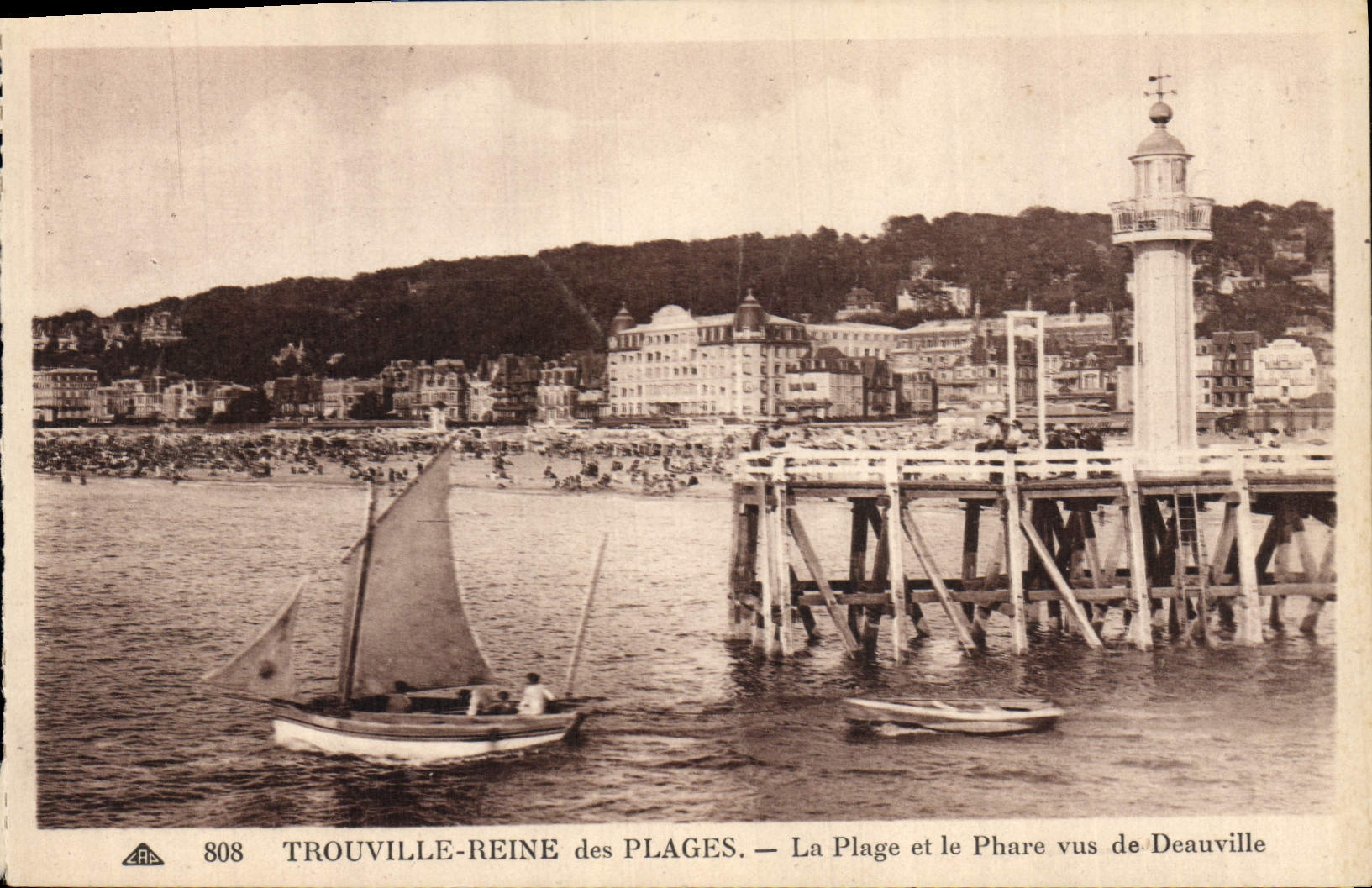 Vintage Postcard Headlight Trouville Queen of the Beaches the beach and the headlight seen of Deauville Boat