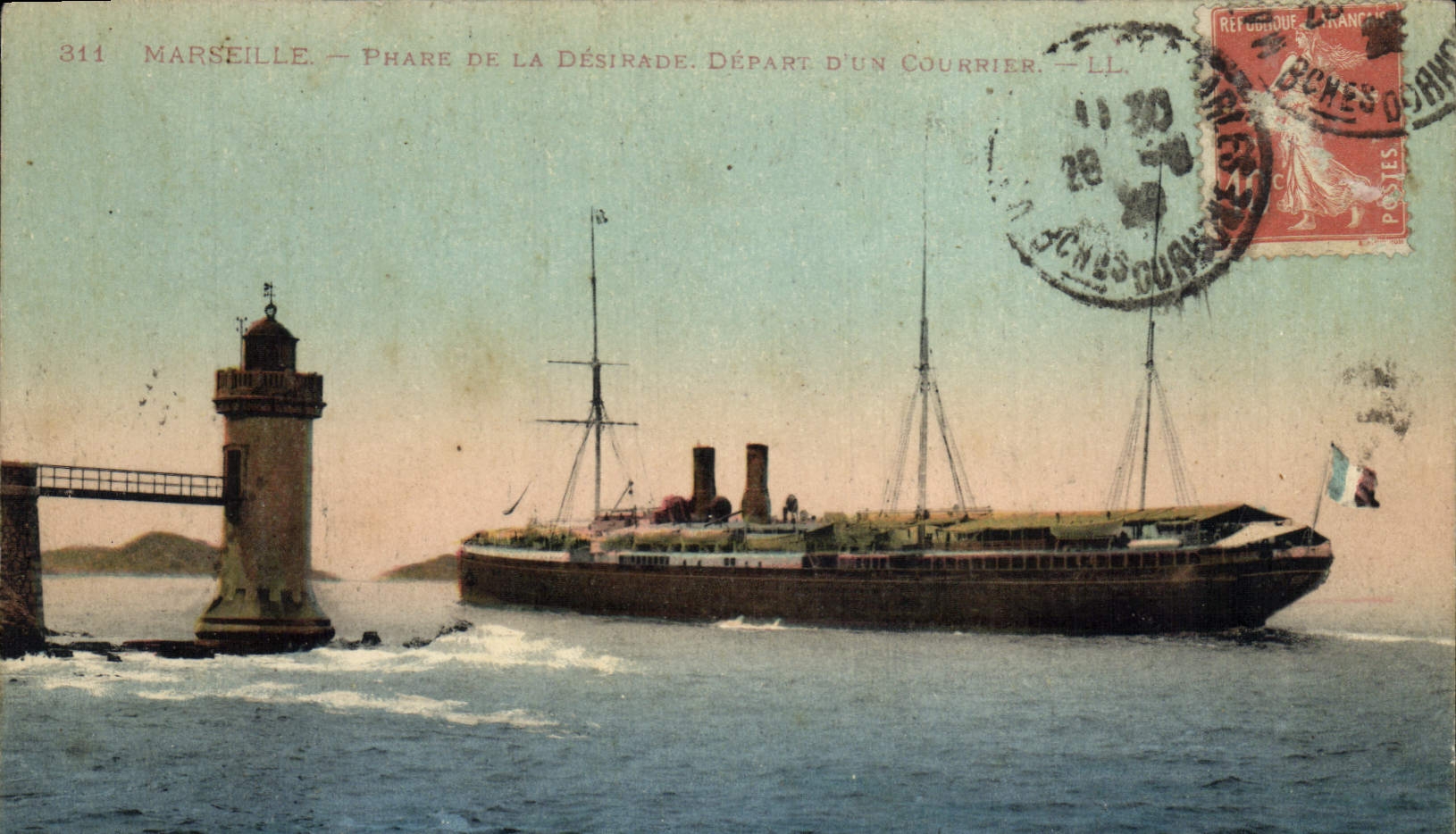 Vintage Postcard Headlight of Desirade Departure of a mail Marseilles Boat