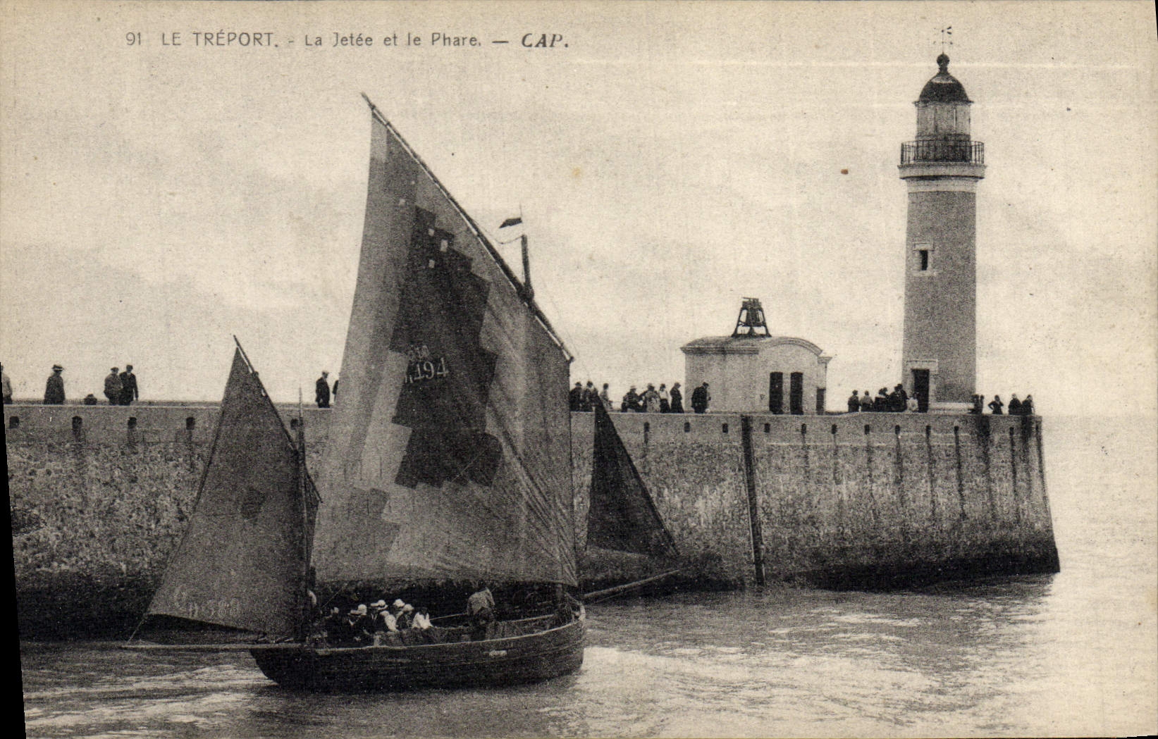 Vintage Postcard Treport the pier and the Headlight Boat