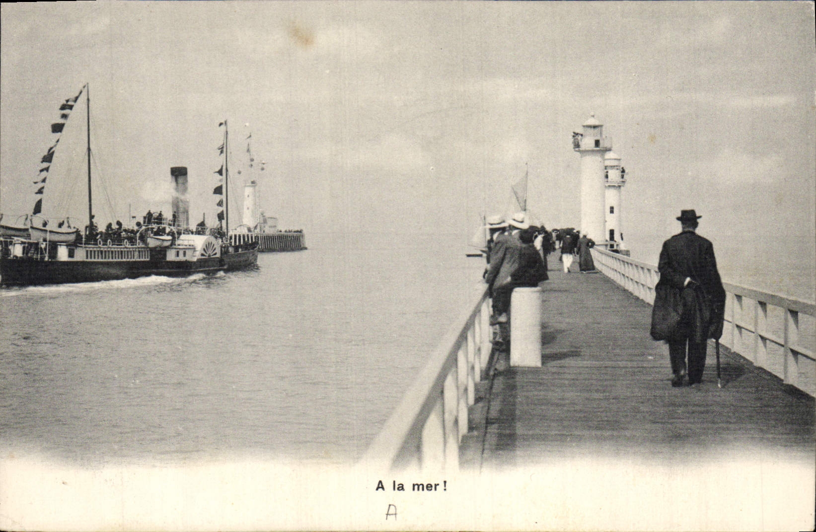 Vintage Postcard Headlight With the sea Boat